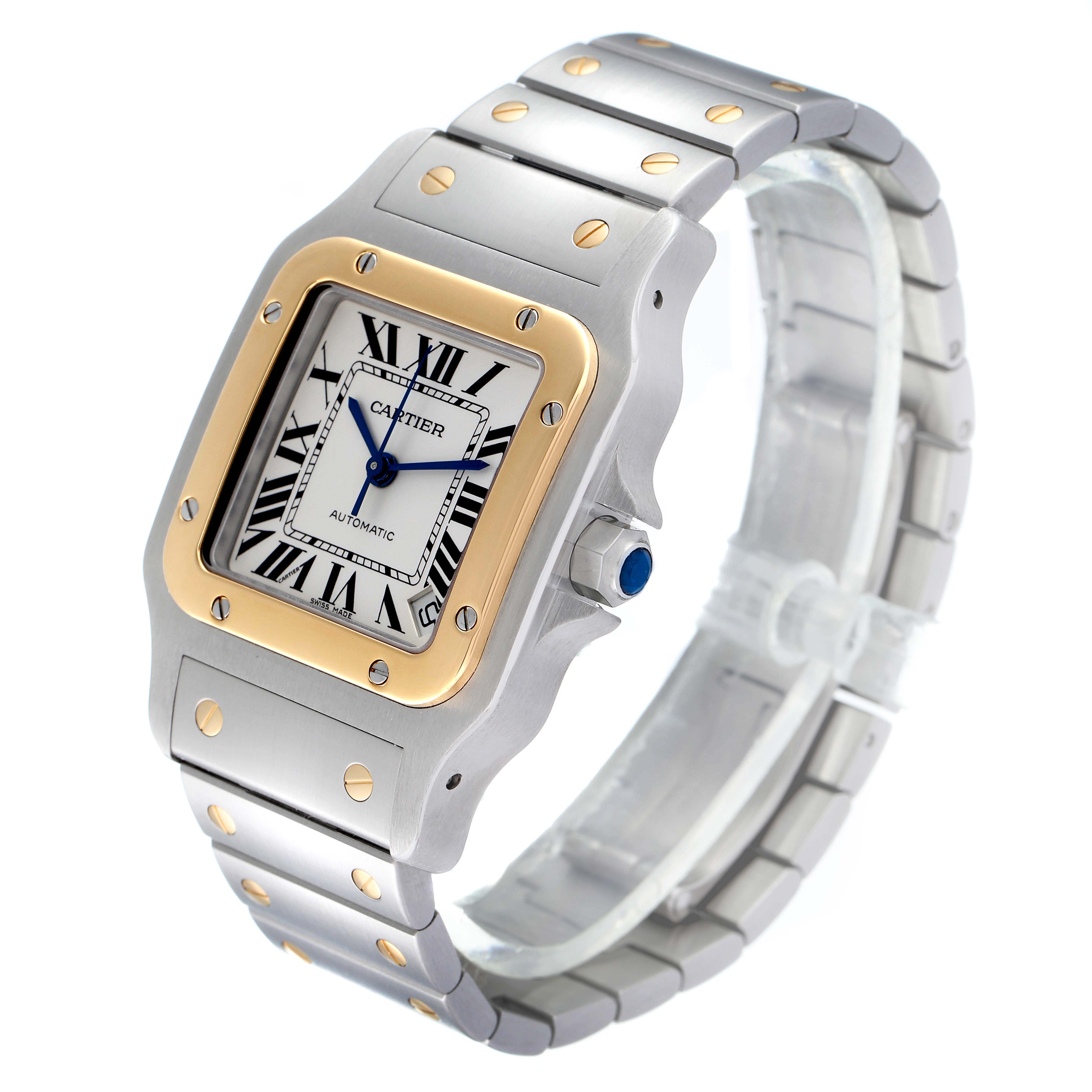 The image shows a Cartier Santos W20099C4 Men
s Steel and Gold (two tone) Silver Dial W20099C4 Men
s Steel and Gold (two tone) Silver Dial watch angled from the left front, highlighting its face, bezel, and part of the bracelet.