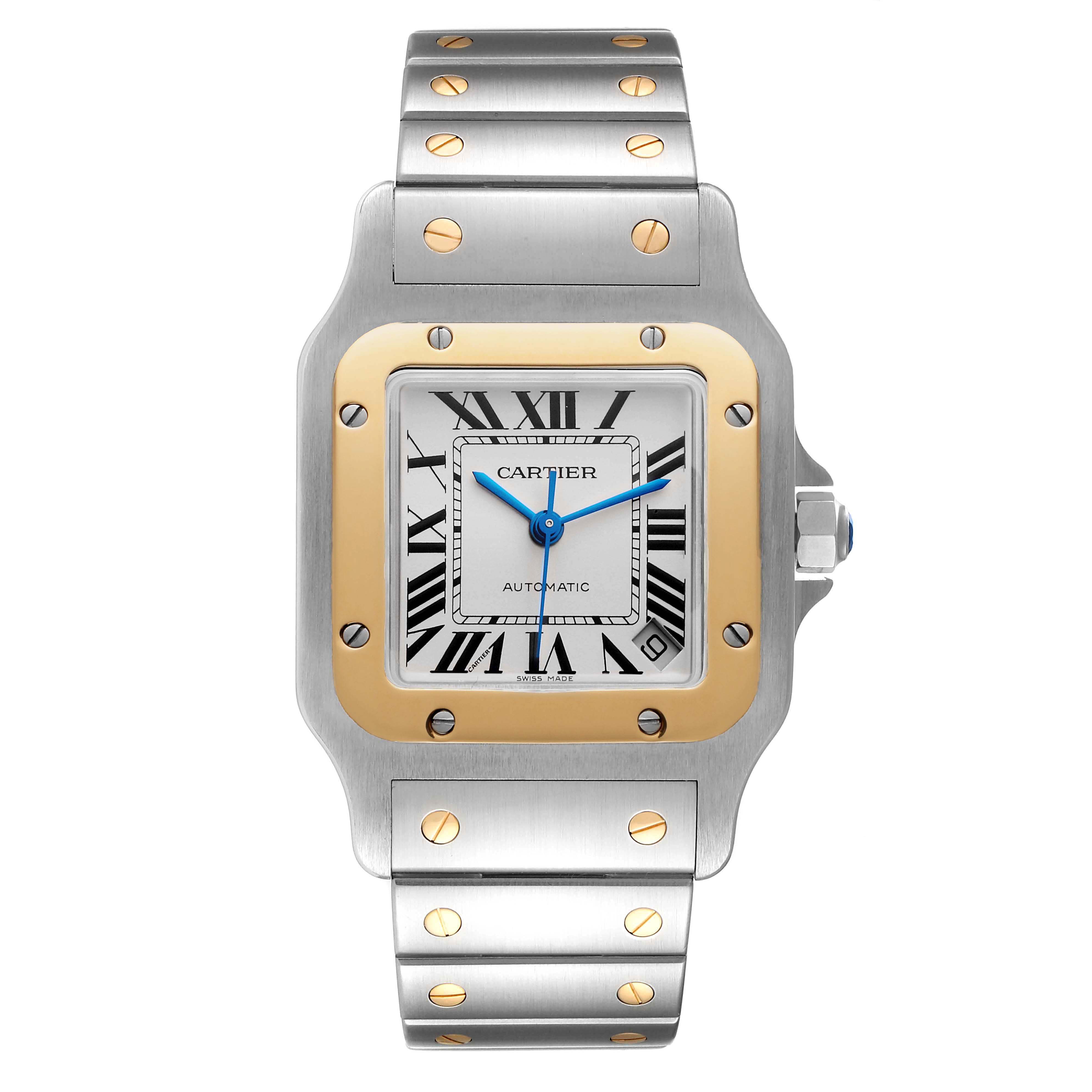 The image shows a frontal view of the Cartier Santos W20099C4 Men
s Steel and Gold (two tone) Silver Dial W20099C4 Men
s Steel and Gold (two tone) Silver Dial watch, displaying its face, bezel, and bracelet.