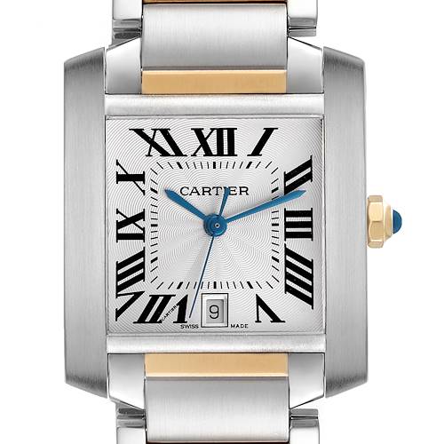 The Cartier Tank Française watch is shown from a top angle, highlighting its square face and metal bracelet detailing.
