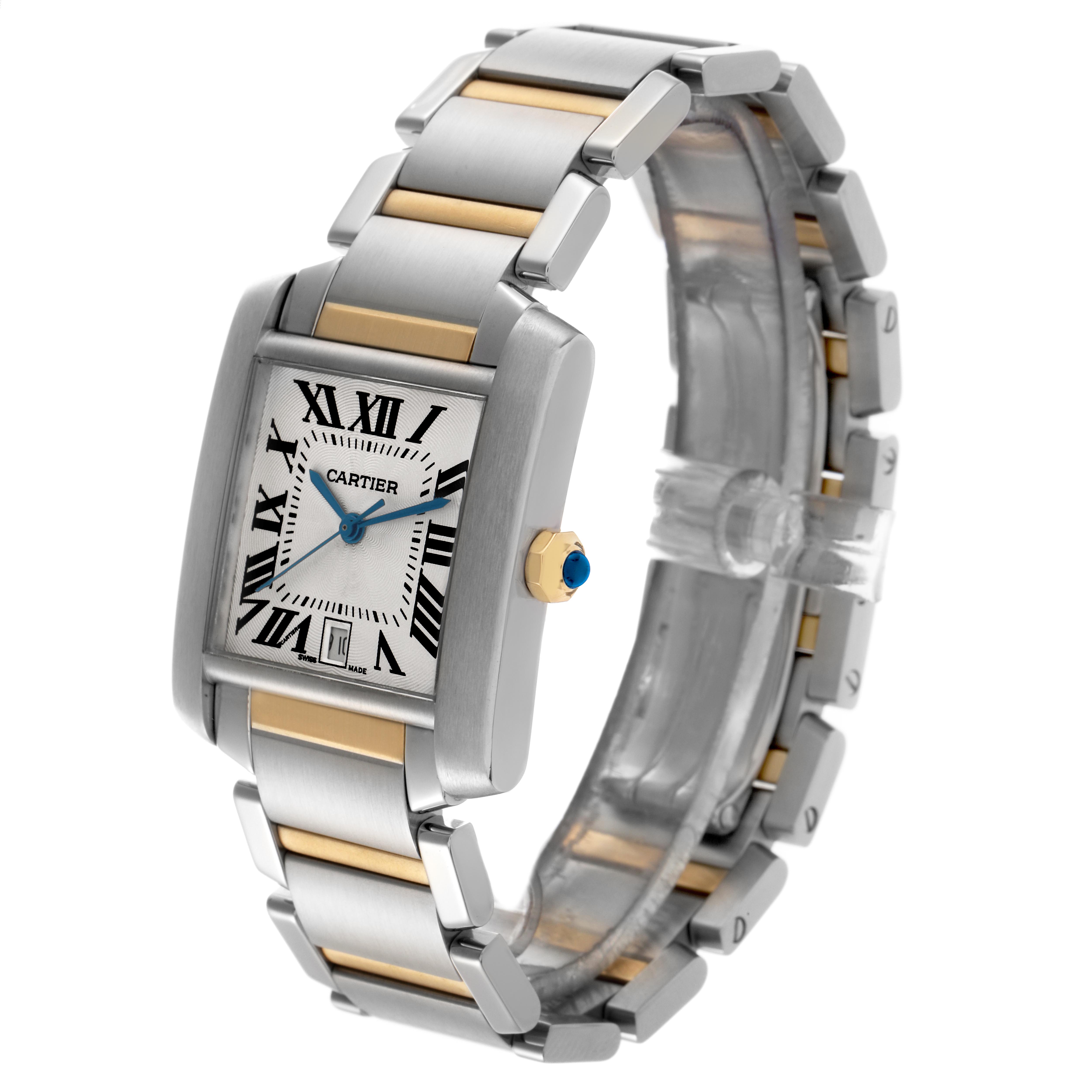 The Cartier Tank Francaise W51005Q4 Men's Steel and Gold (two tone) Silver Dial watch is shown at a three-quarter angle, highlighting the face, case, and bracelet.