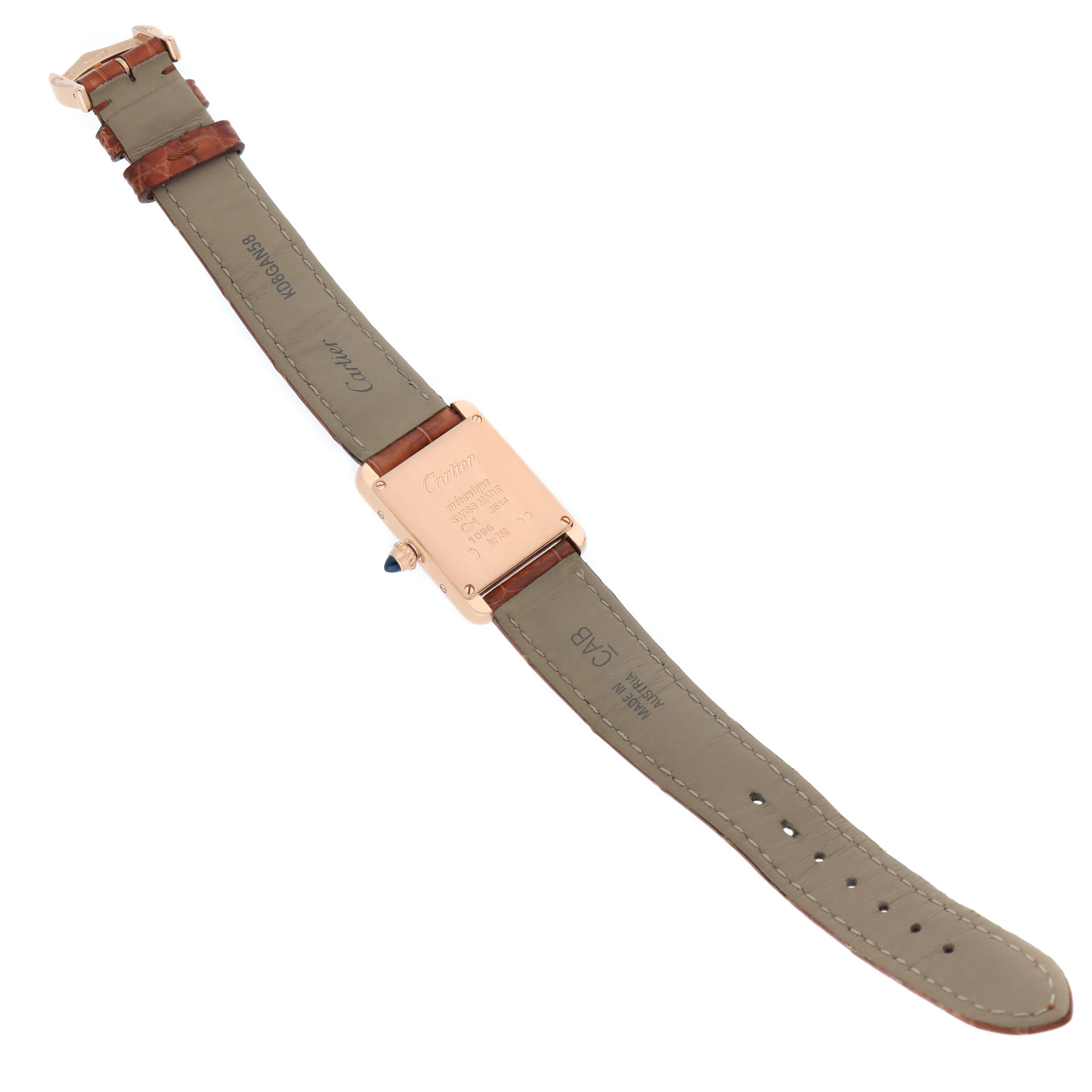 The Cartier Tank Louis WGTA0010 Women's Rose Gold Silver Dial watch is displayed from the back, showing the case, strap, and buckle.