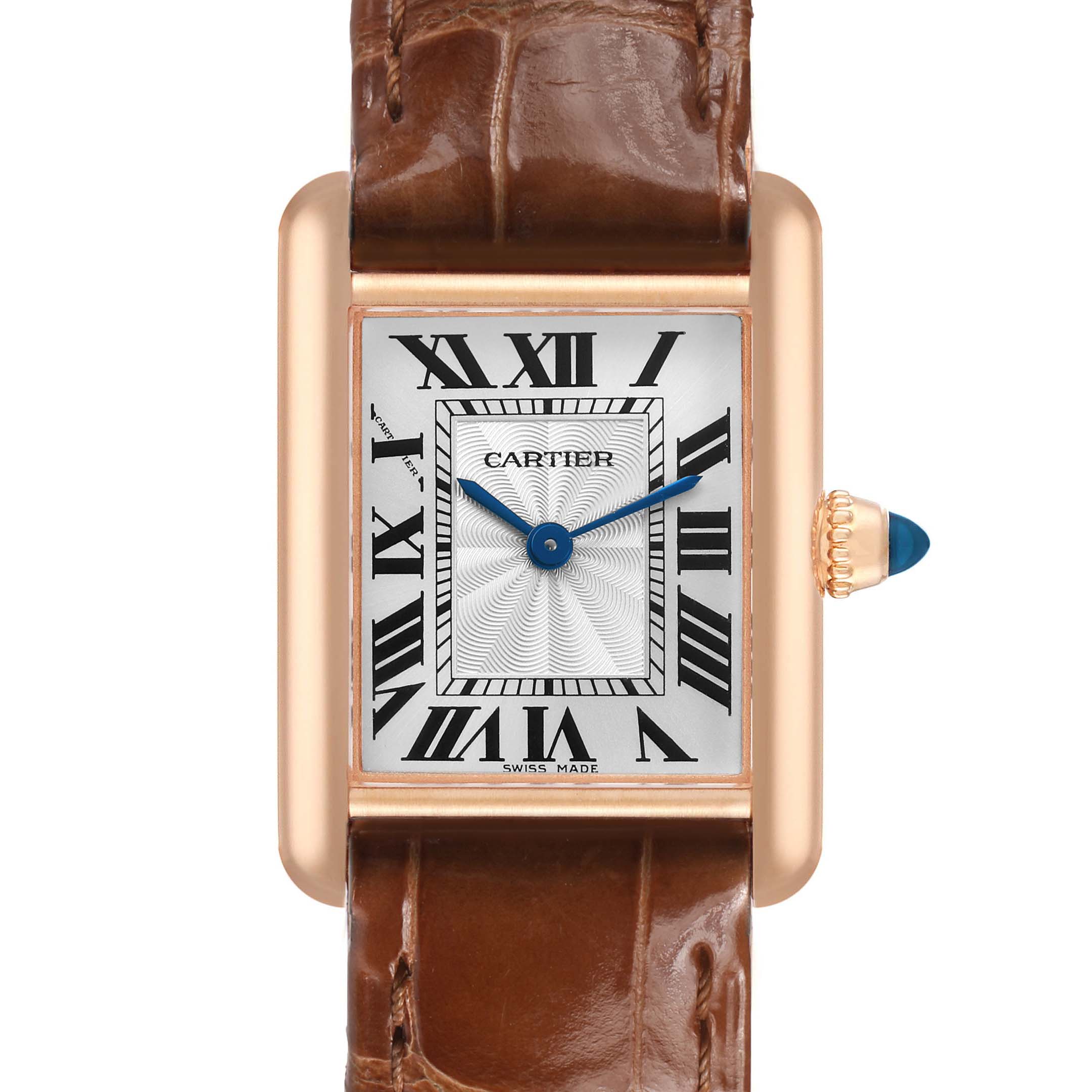 The Cartier Tank Louis WGTA0010 Women's Rose Gold Silver Dial watch is shown from a frontal angle, displaying its dial, Roman numerals, and leather strap.