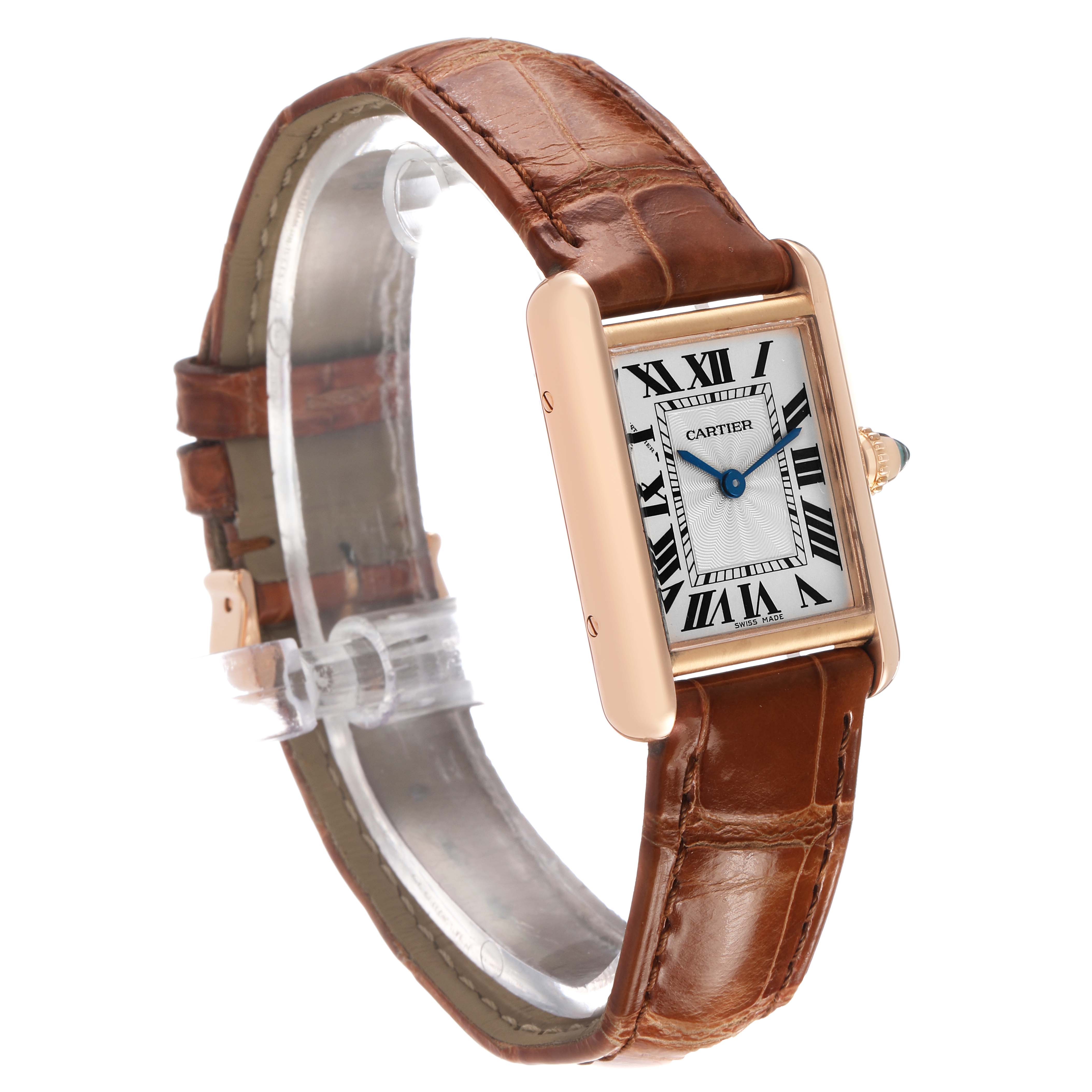 The Cartier Tank Louis WGTA0010 Women's Rose Gold Silver Dial watch is shown from a three-quarter angle, highlighting its rectangular face and leather strap.