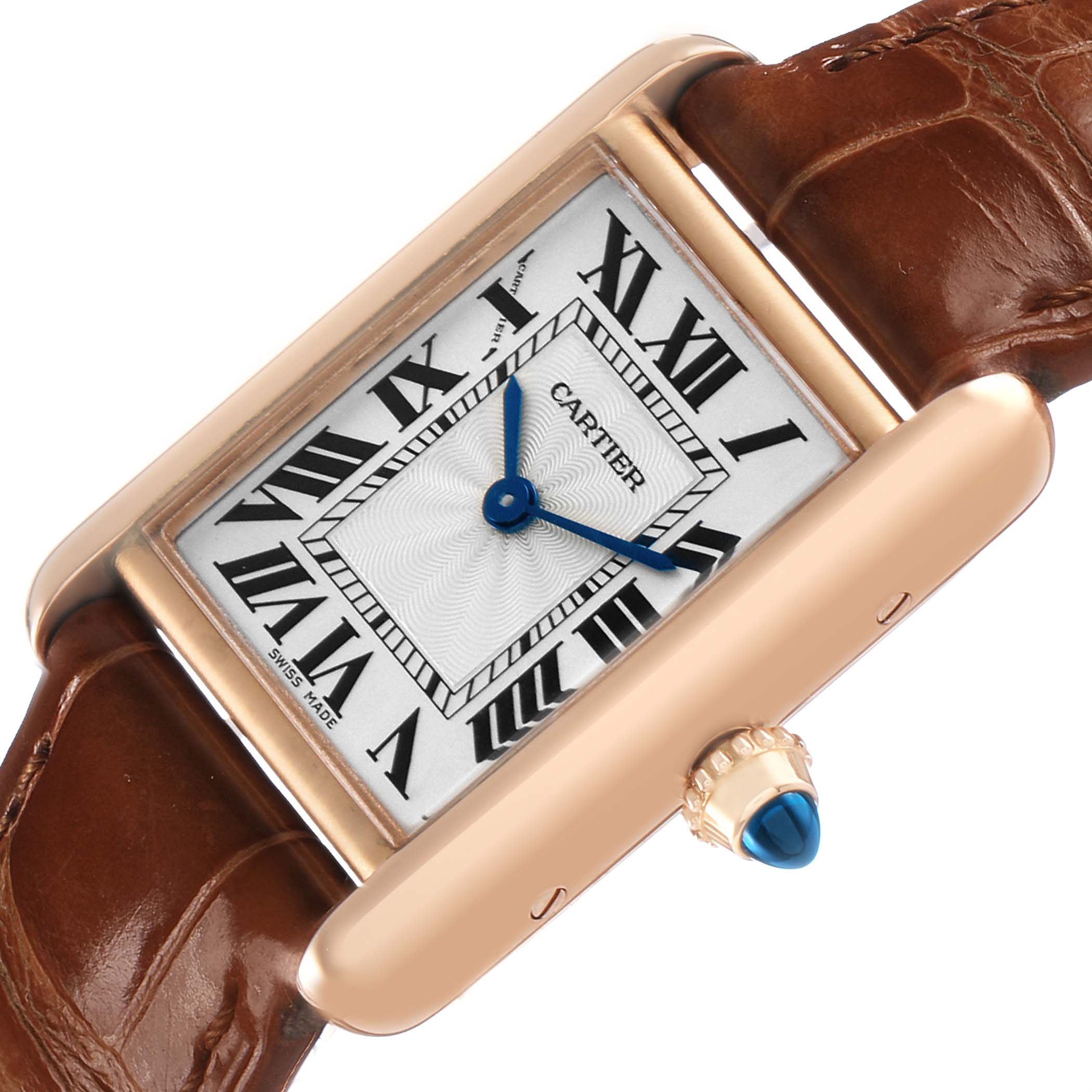 The Cartier Tank Louis WGTA0010 Women's Rose Gold Silver Dial watch is shown at a slight angle, highlighting the rectangular face, Roman numerals, and blue hands.
