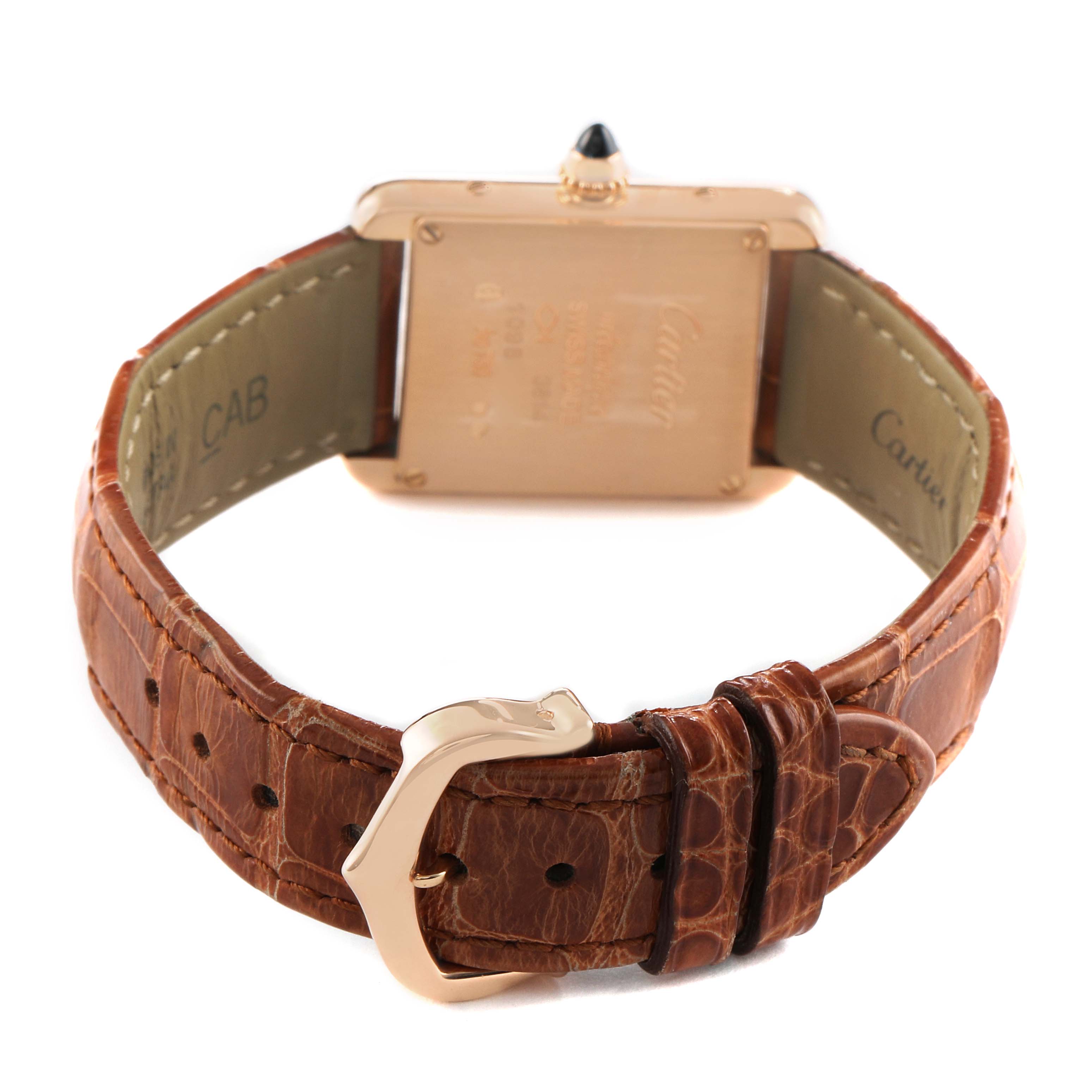 The image shows the back of a Cartier Tank Louis WGTA0010 Women's Rose Gold Silver Dial watch, featuring the case back, leather strap, and buckle.