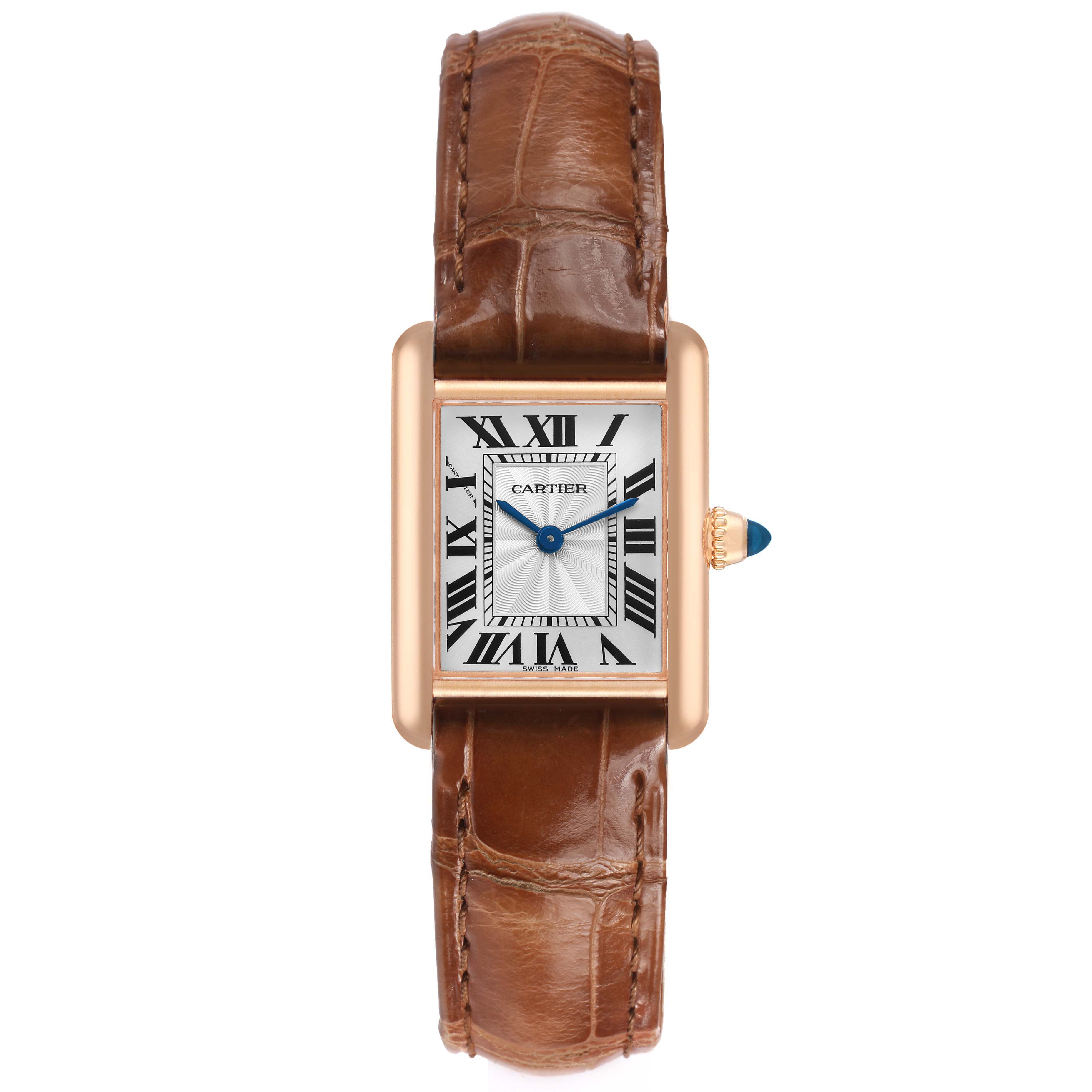 The Cartier Tank Louis WGTA0010 Women's Rose Gold Silver Dial watch is shown from a frontal angle, highlighting the face, Roman numerals, hands, and brown leather strap.