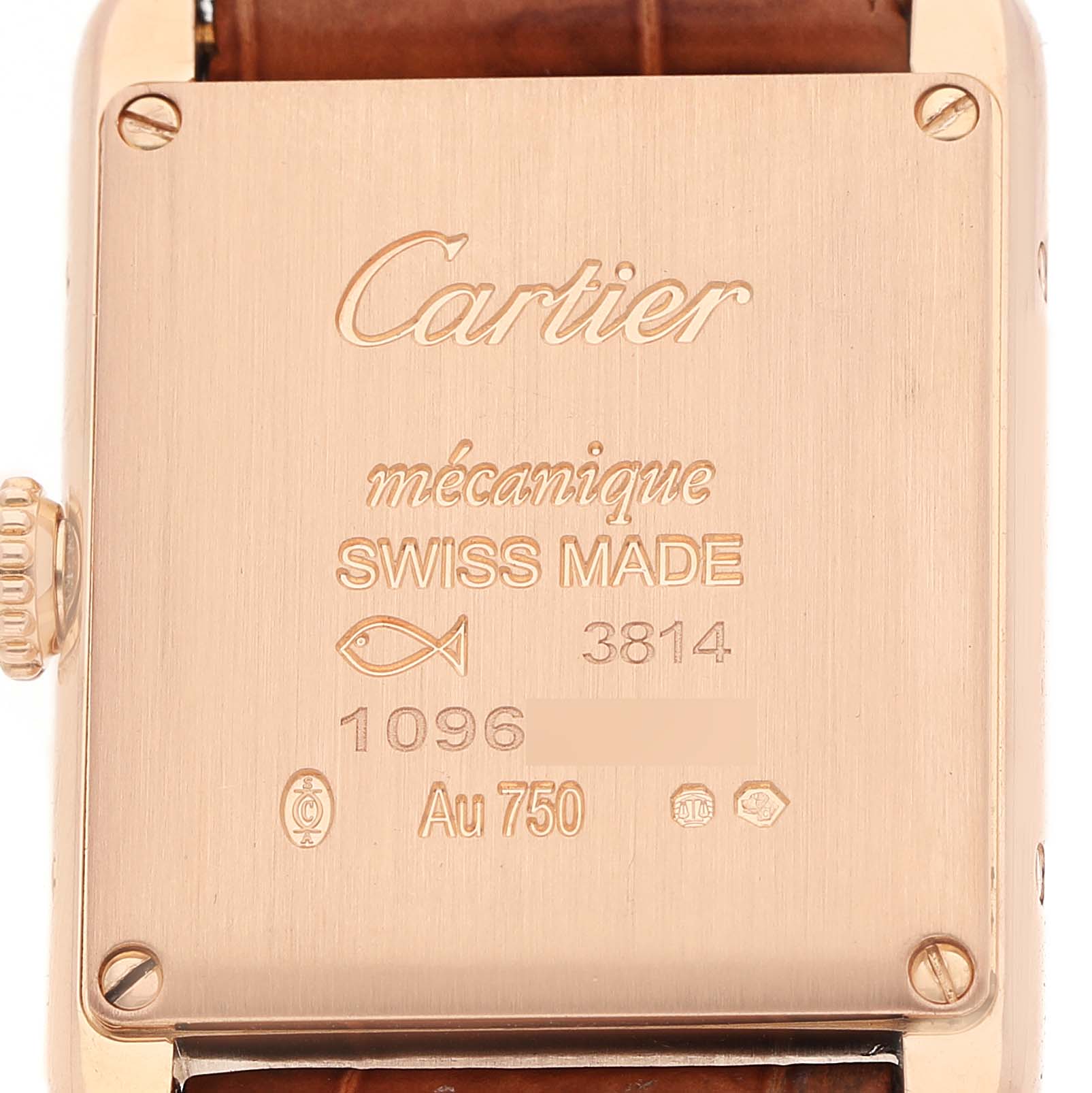 The image shows the back of a Cartier Tank Louis WGTA0010 Women's Rose Gold Silver Dial watch, highlighting engravings and the crown on the side.
