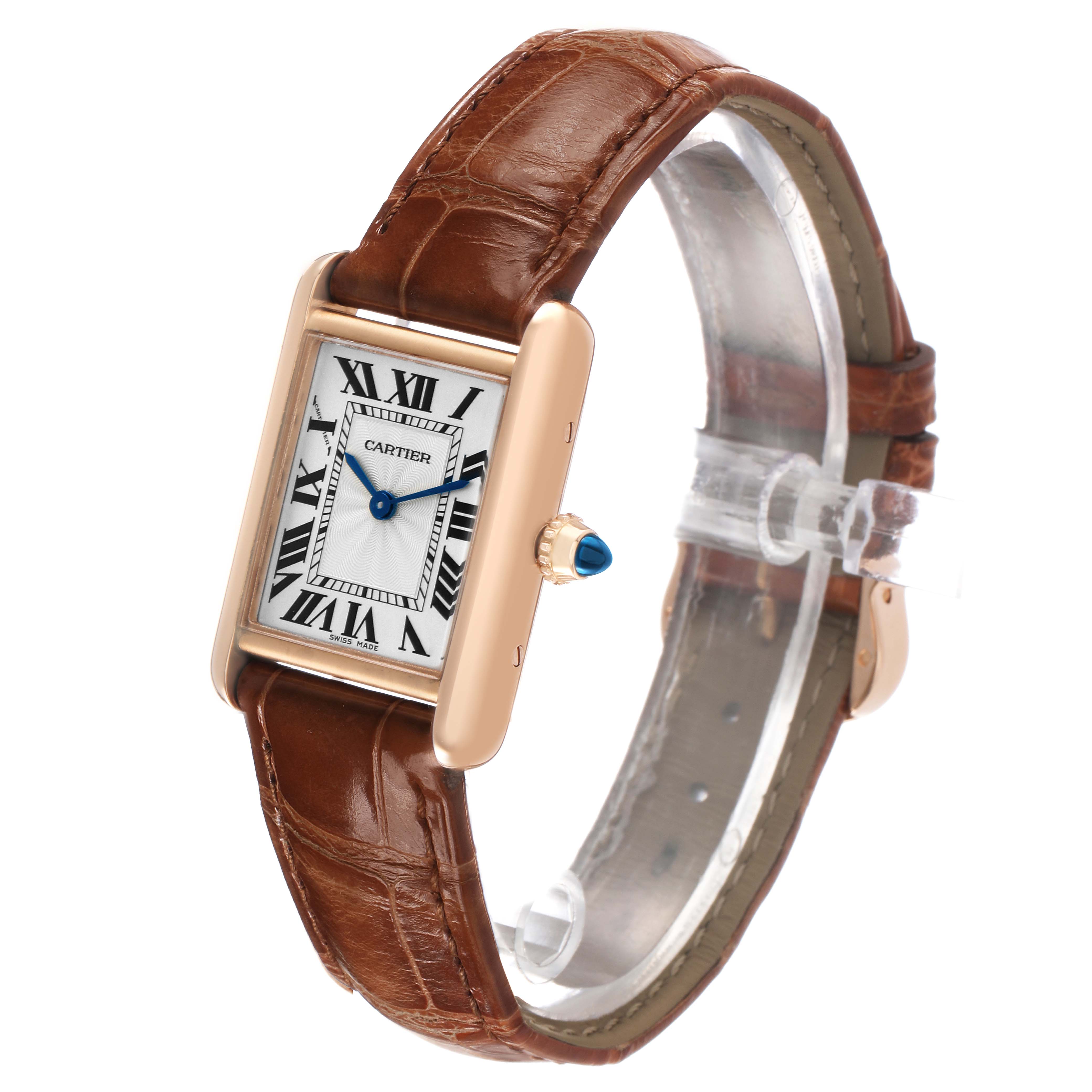 The Cartier Tank Louis WGTA0010 Women's Rose Gold Silver Dial watch is shown at a slight angle, displaying its face, crown, and leather strap.