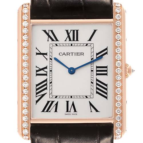 The Cartier Tank Louis WT200005 Men's Rose Gold Silver Dial watch is shown from the front, displaying the dial, bezel, and crown with diamond detailing.