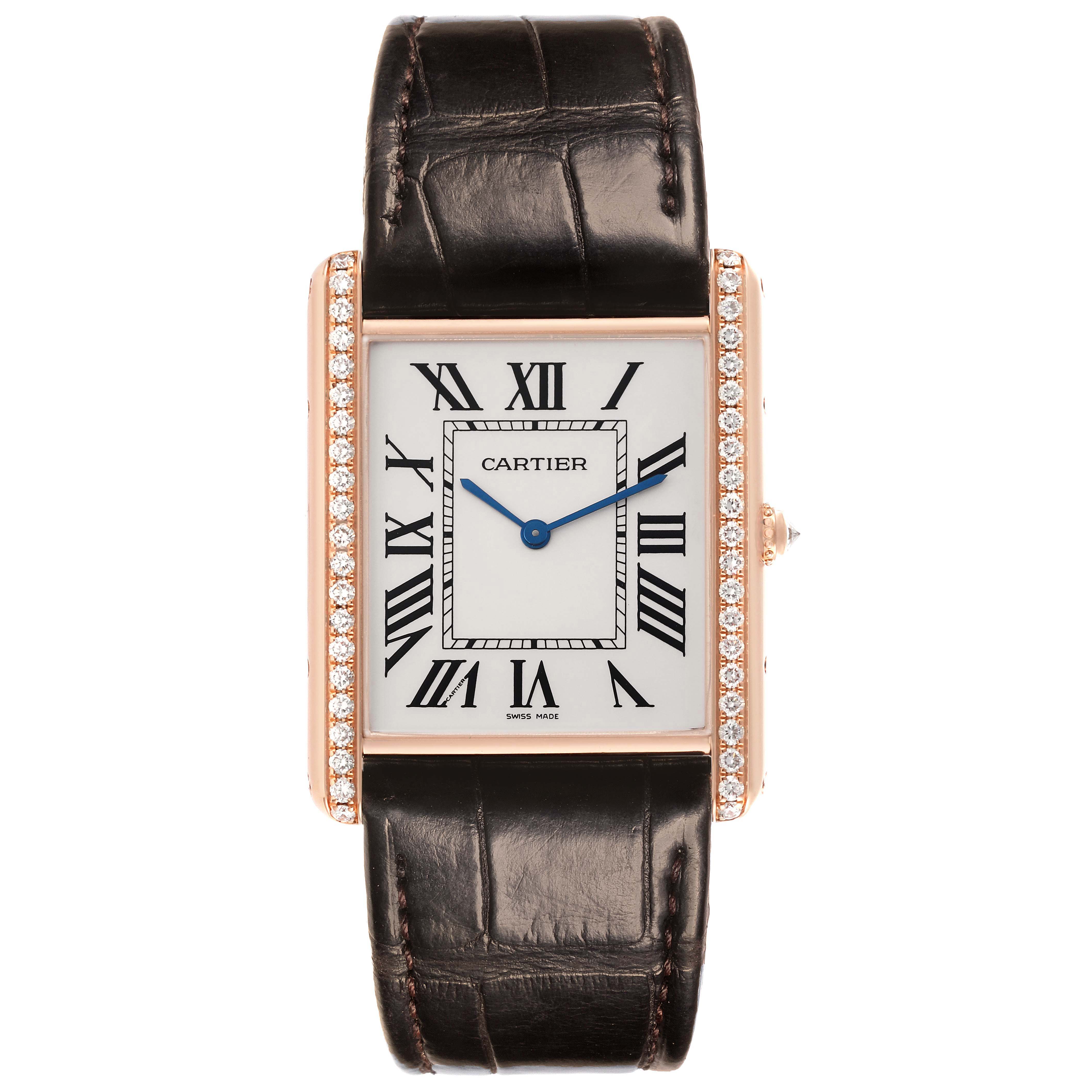The Cartier Tank Louis WT200005 Men's Rose Gold Silver Dial watch is shown from a front angle, highlighting its rectangular face, Roman numerals, and ornate strap.