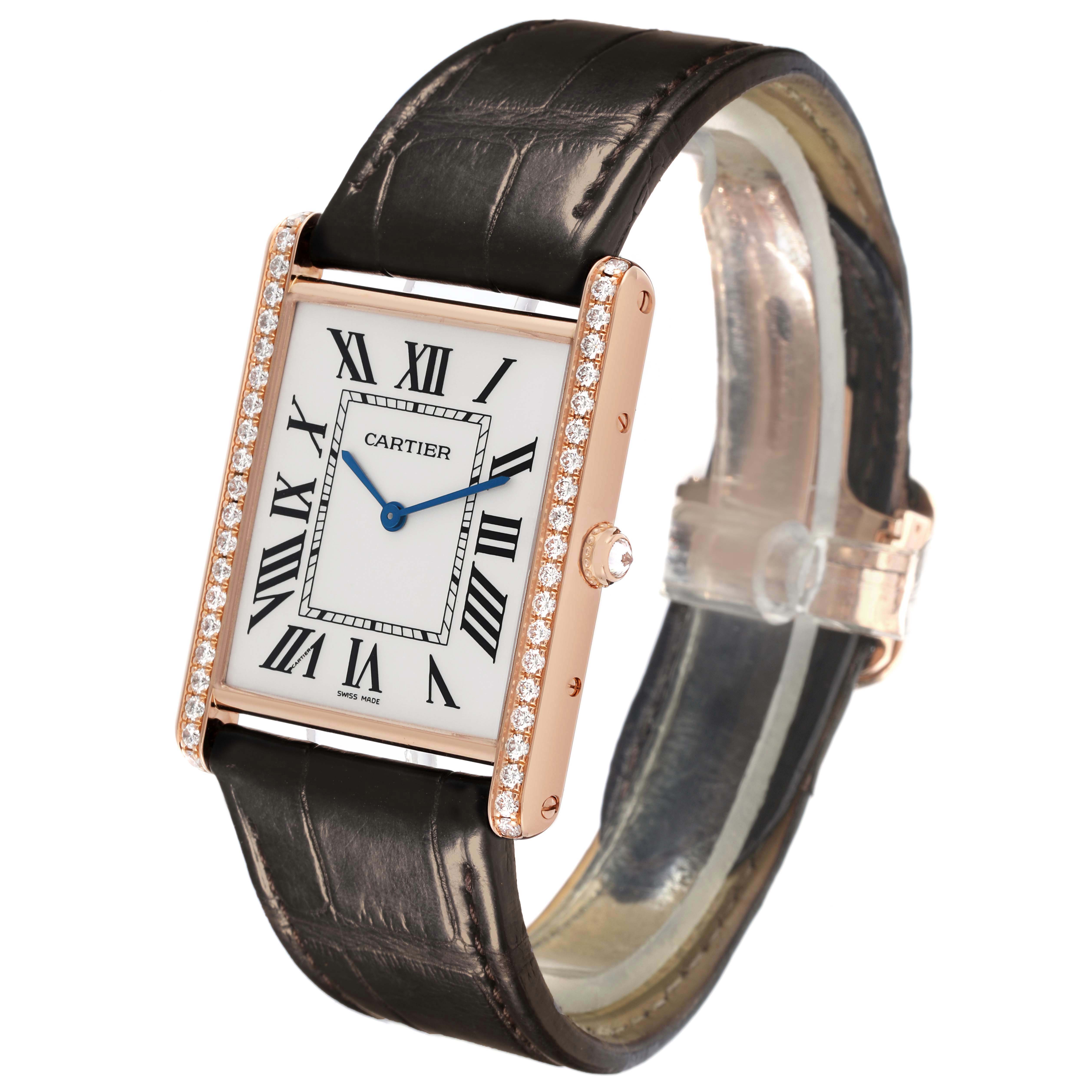 The Cartier Tank Louis WT200005 Men's Rose Gold Silver Dial watch is shown at a slight angle, highlighting the face, strap, and diamond-set bezel.