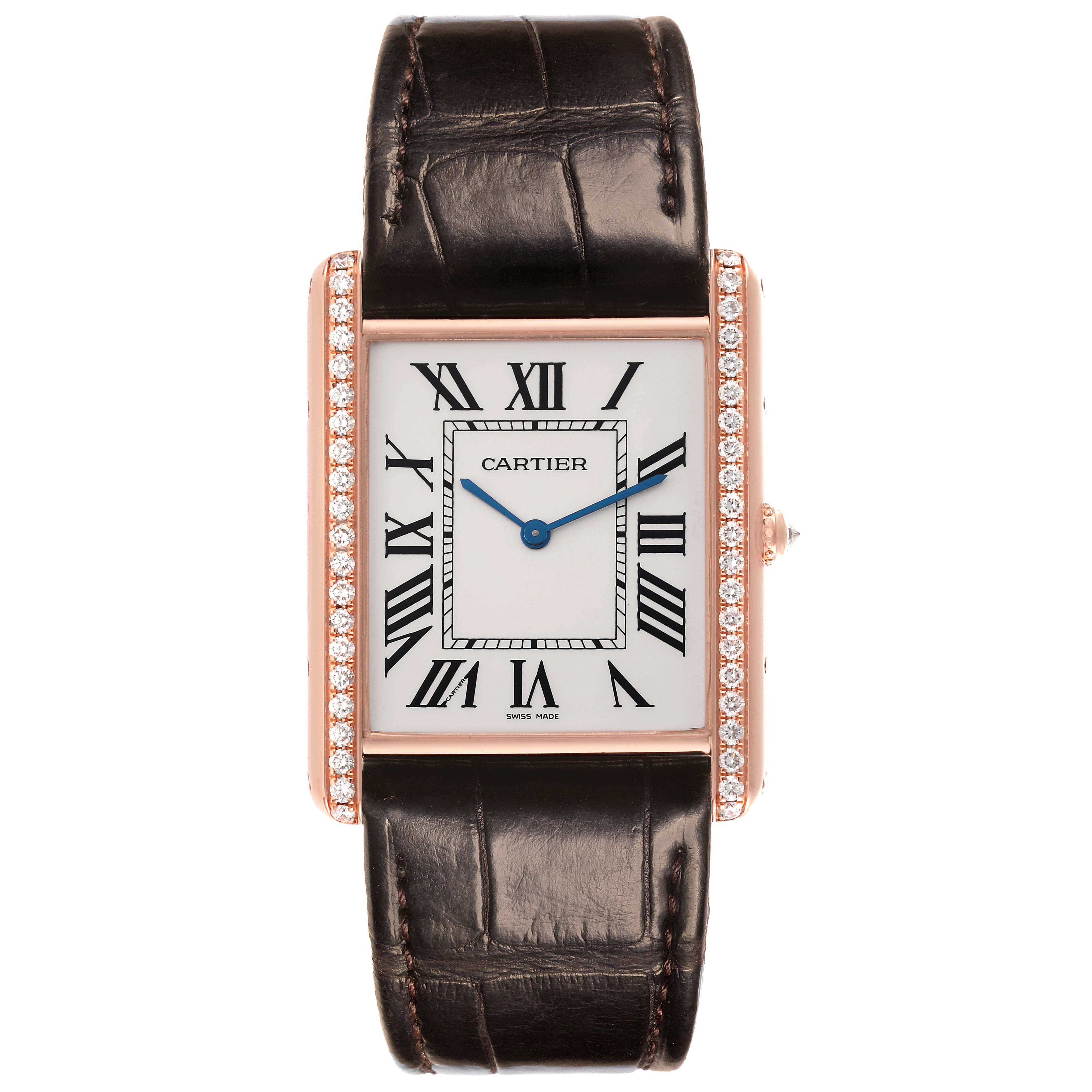 The Cartier Tank Louis WT200005 Men's Rose Gold Silver Dial WT200005 Men's Rose Gold Silver Dial watch is shown from the front, highlighting its rectangular face, roman numerals, and leather strap.
