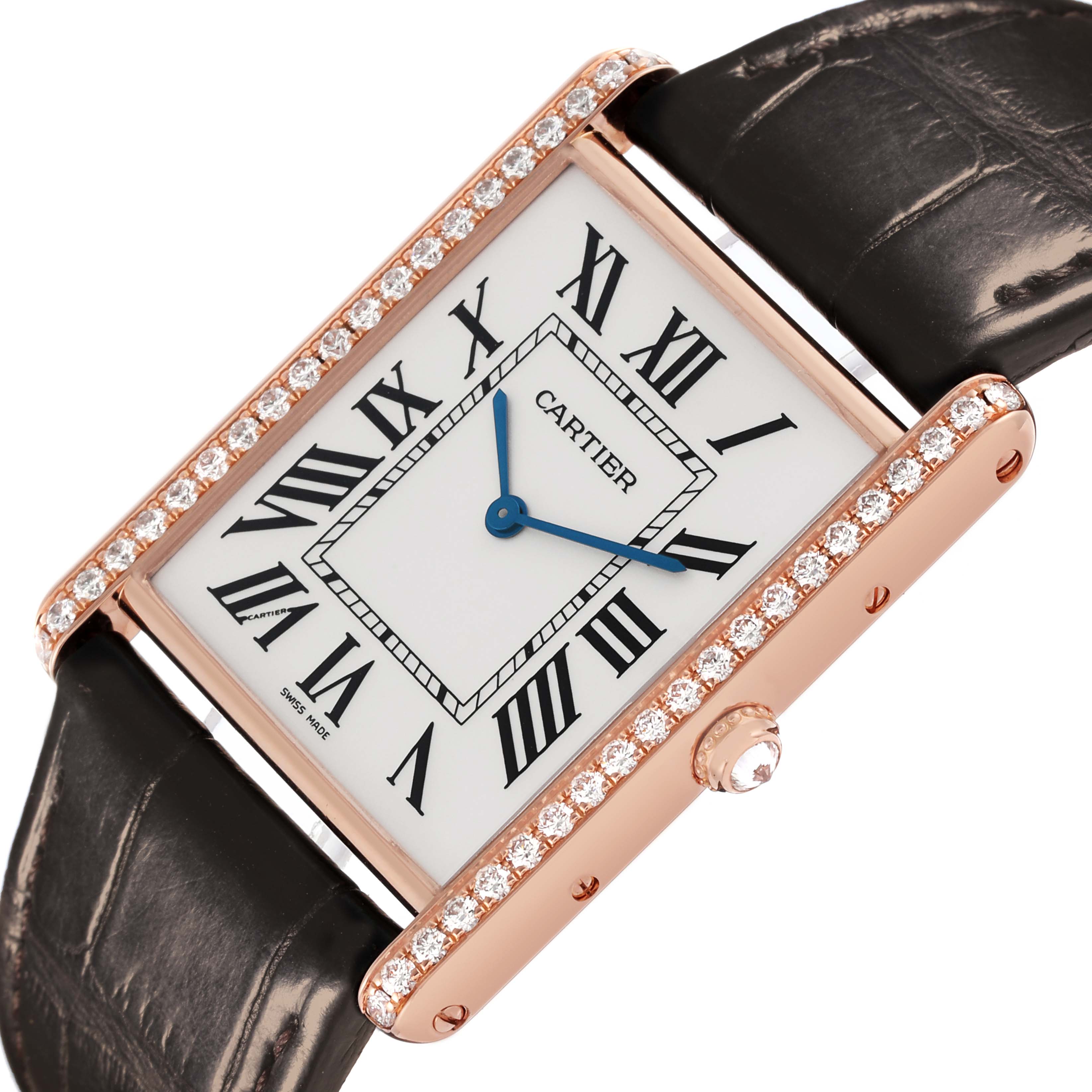 The Cartier Tank Louis WT200005 Men's Rose Gold Silver Dial WT200005 Men's Rose Gold Silver Dial watch is shown at an angled view highlighting the rectangular face, diamond-set bezel, and leather strap.