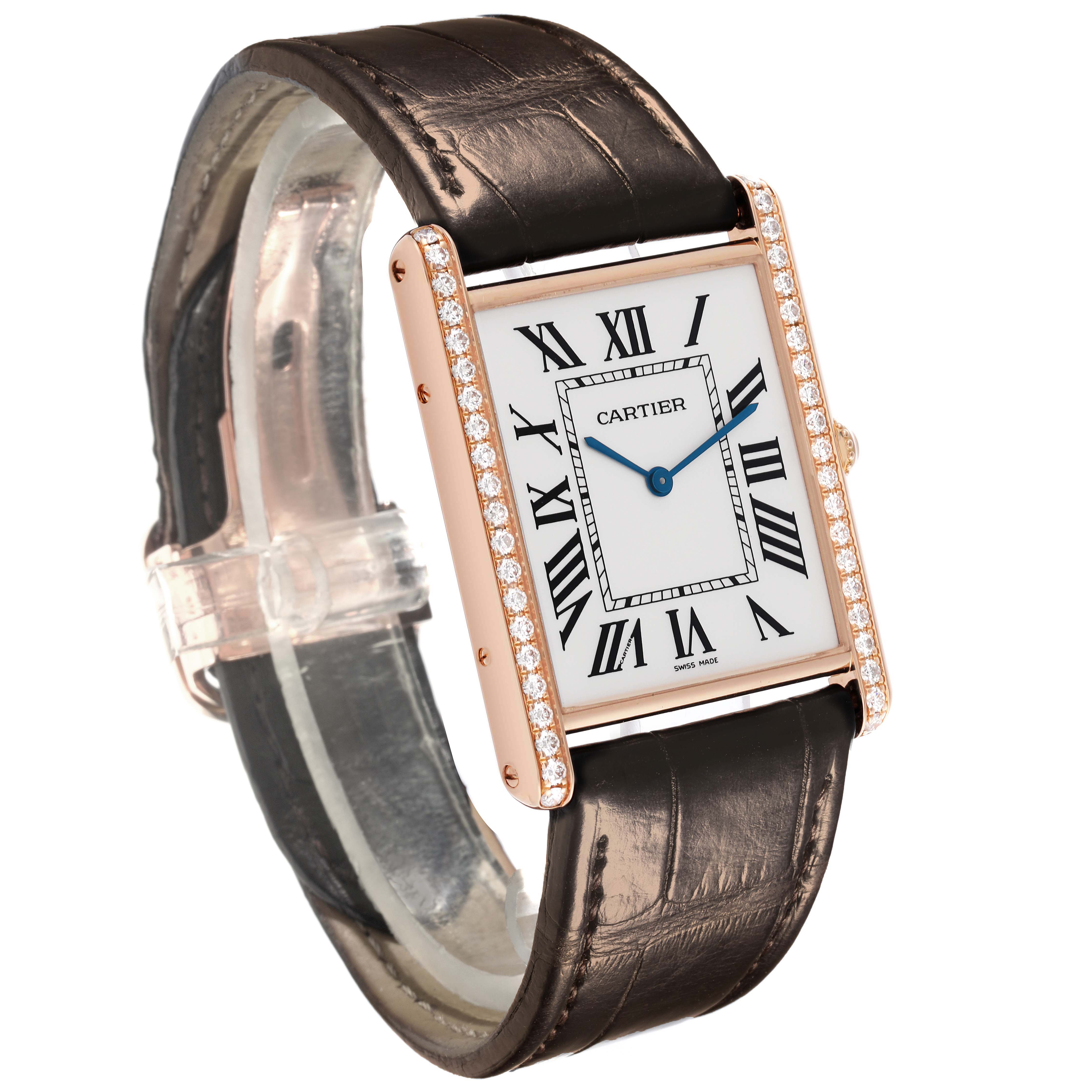 The Cartier Tank Louis WT200005 Men's Rose Gold Silver Dial watch is shown at a three-quarter angle, highlighting its rectangular face, Roman numerals, leather strap, and diamond-set case.