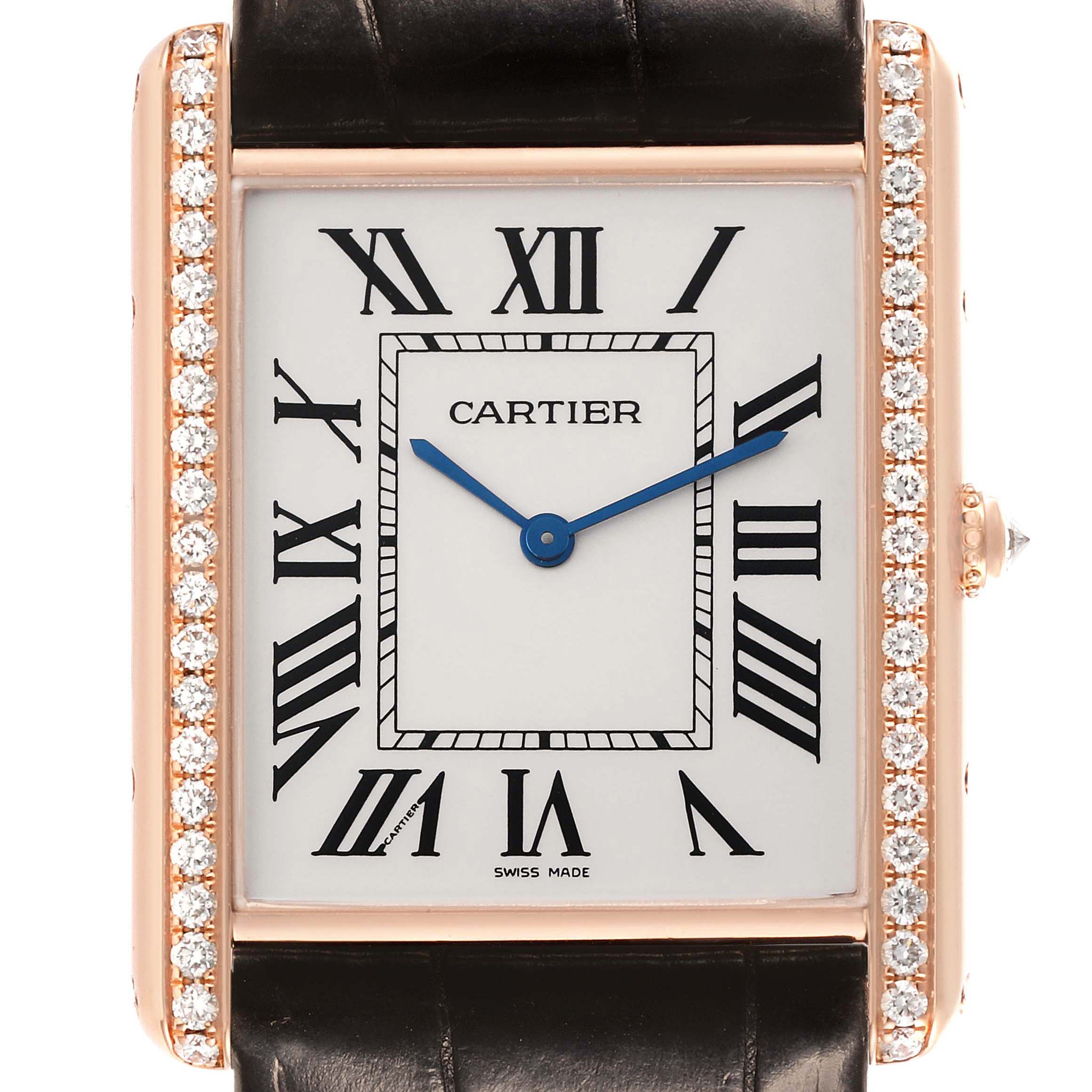 The image shows a frontal view of a Cartier Tank Louis WT200005 Men's Rose Gold Silver Dial watch, highlighting its rectangular case, Roman numerals, and diamond-set bezel.