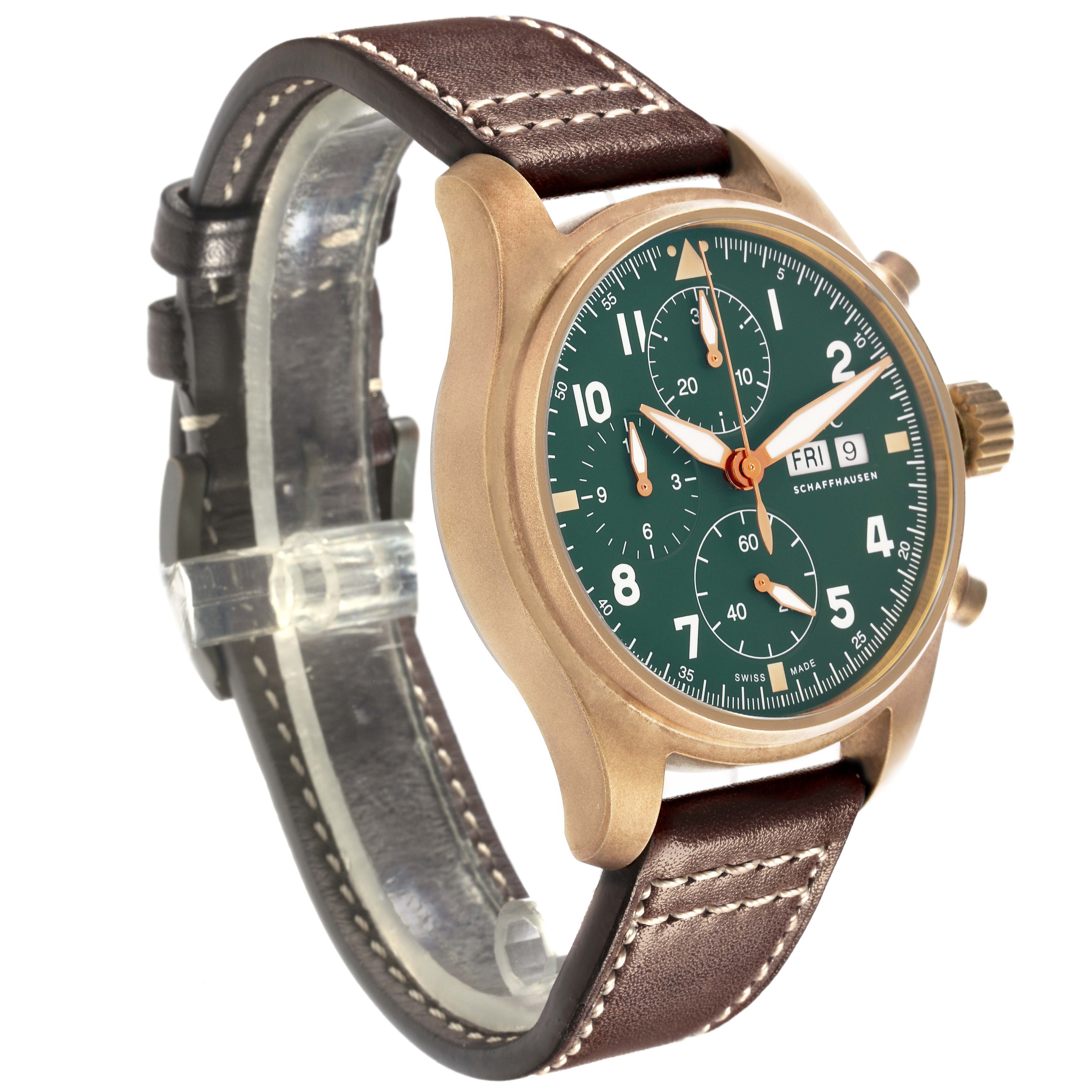 The IWC Pilot IW387902 Men's Bronze Green Dial IW387902 Men's Bronze Green Dial watch is shown at a three-quarter angle, displaying the face, dial, case, and leather strap.