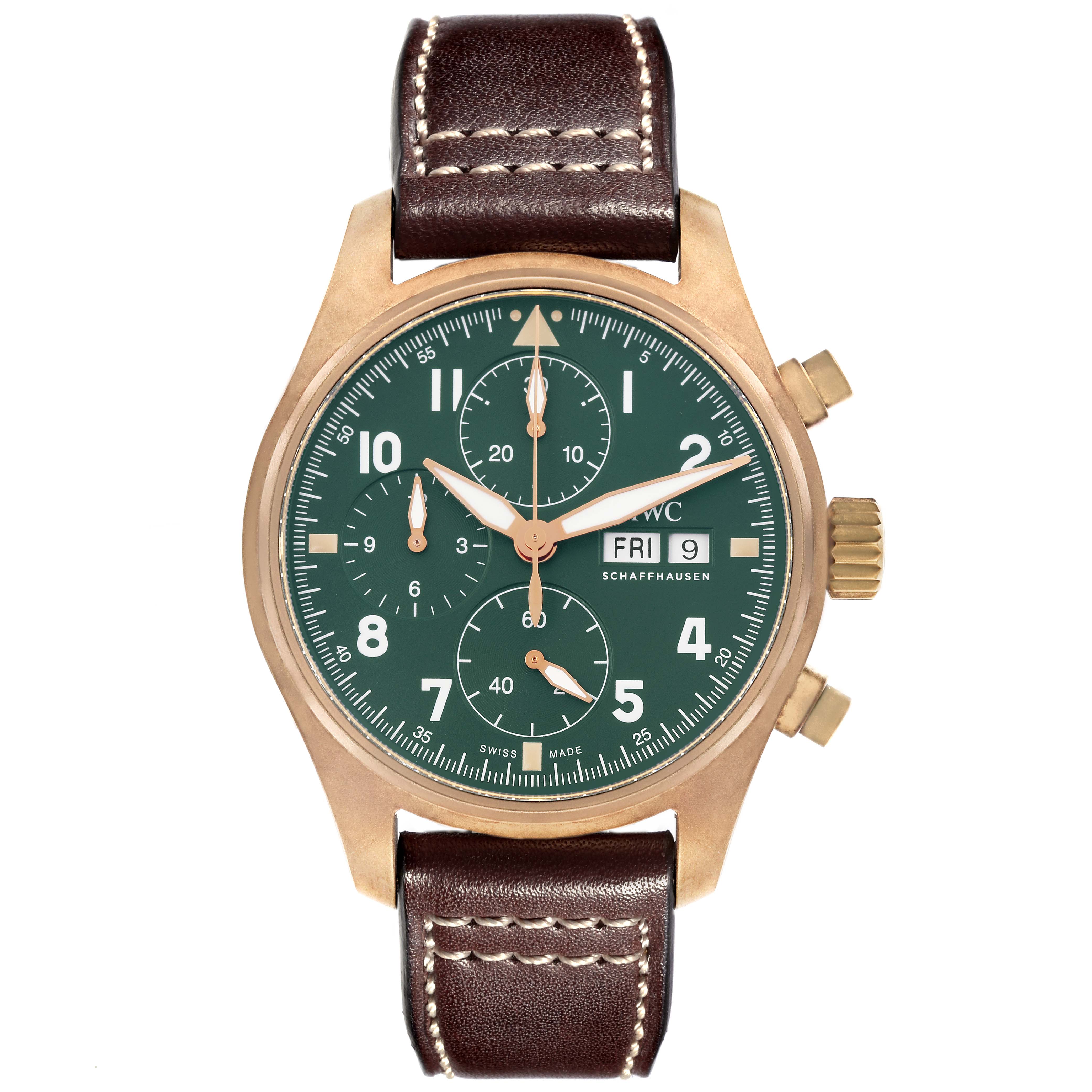 The IWC Pilot IW387902 Men's Bronze Green Dial IW387902 Men's Bronze Green Dial watch is shown from the front, displaying the face, chronograph dials, and leather strap.