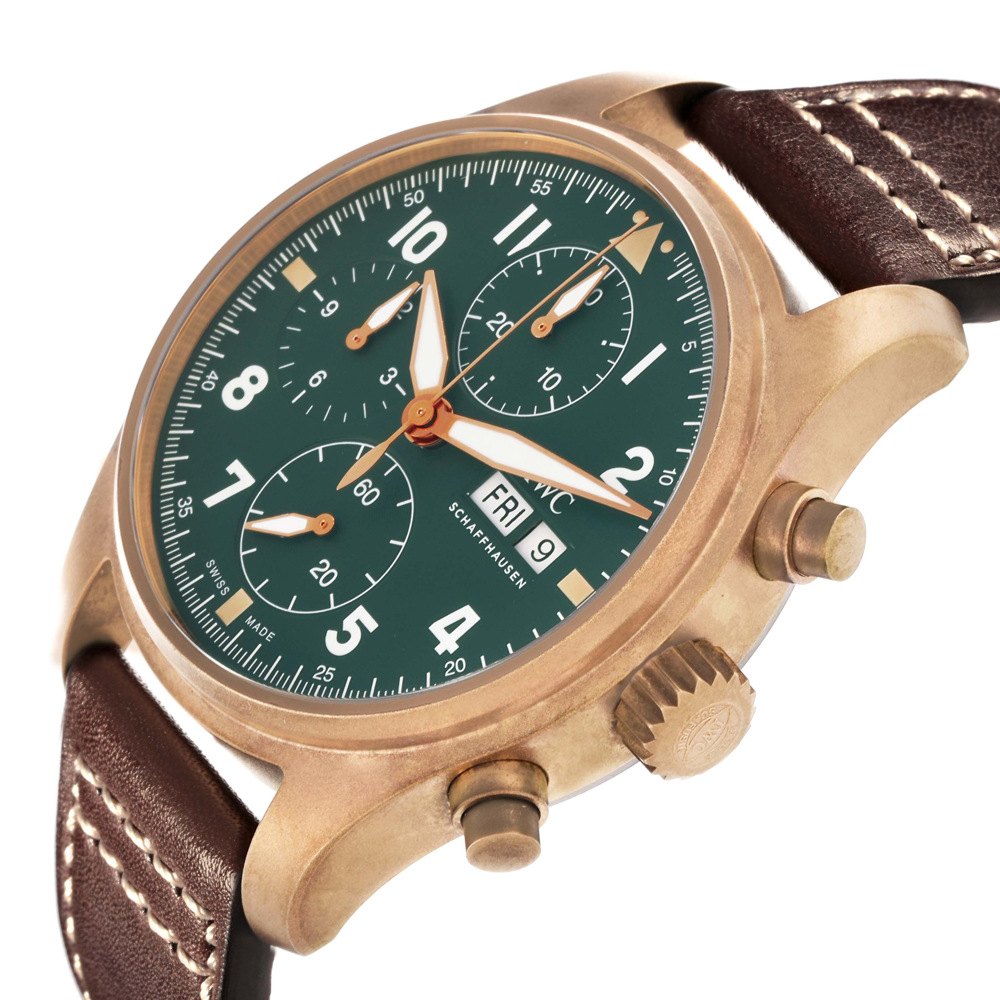 The IWC Pilot IW387902 Men's Bronze Green Dial IW387902 Men's Bronze Green Dial watch is shown at a slight side angle, displaying the face, crown, and pushers with a leather strap.