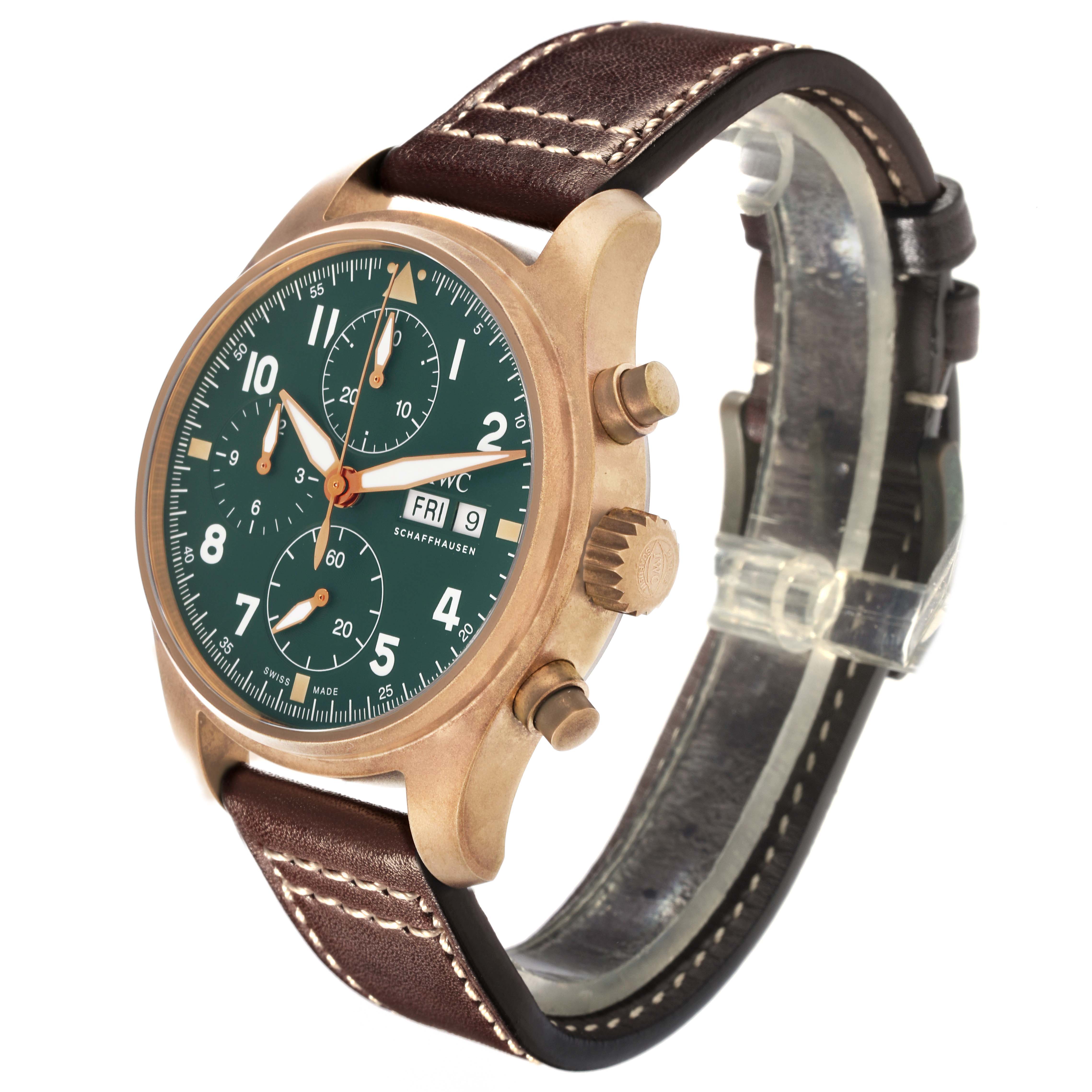 The IWC Pilot IW387902 Men's Bronze Green Dial IW387902 Men's Bronze Green Dial watch is shown at an angled side view highlighting its face, crown, buttons, and leather strap.