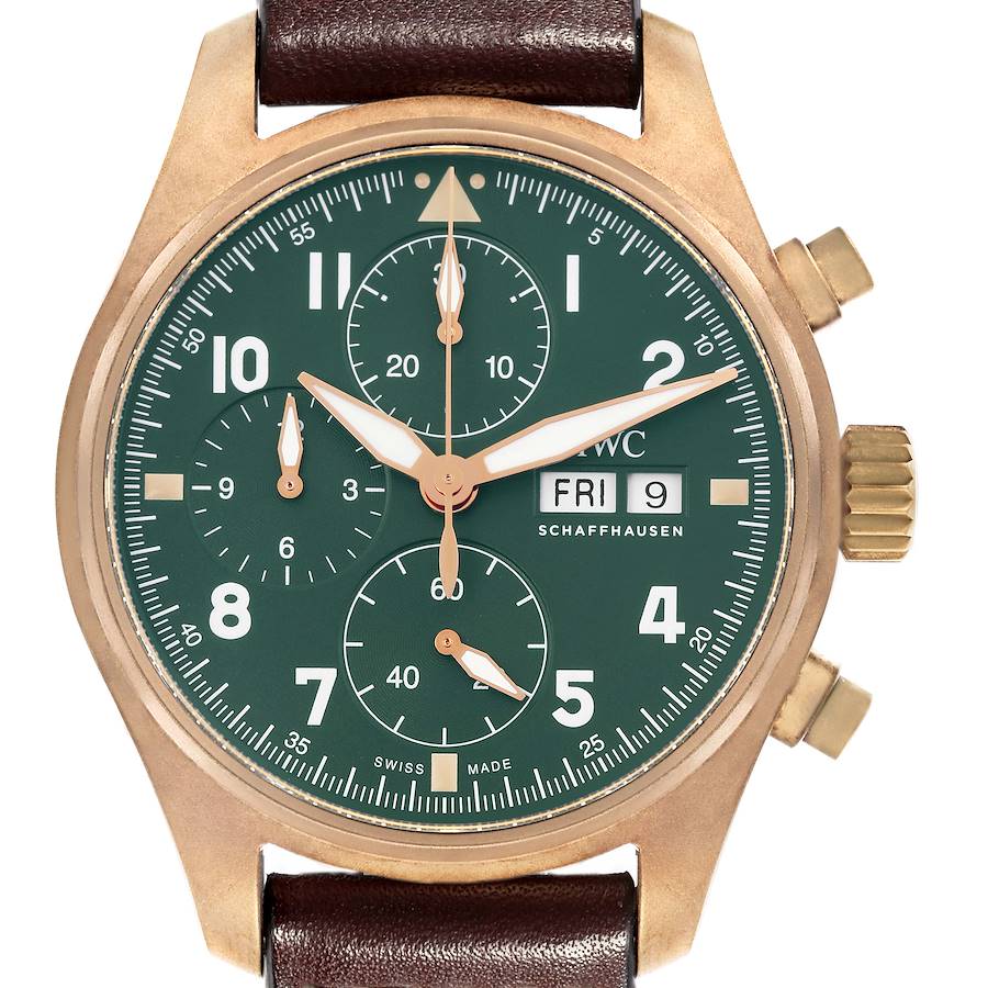 The IWC Pilot model watch is shown from a front angle, displaying the dial, hands, subdials, and crown.