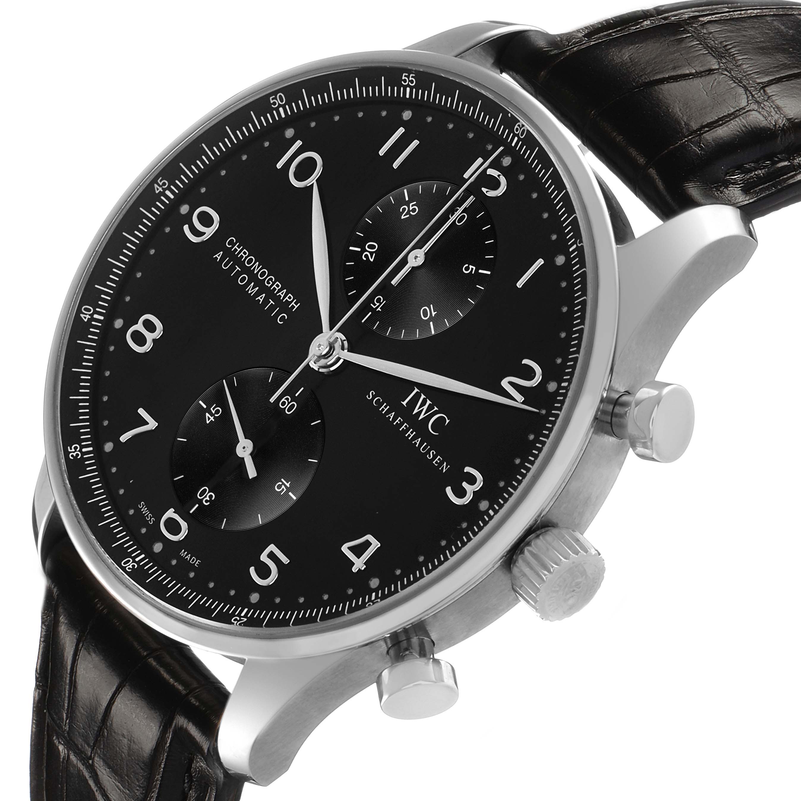 The IWC Portuguese IW371447 Men's Stainless Steel Black Dial model is shown from a three-quarter angle displaying the face, crown, pushers, and part of the strap.