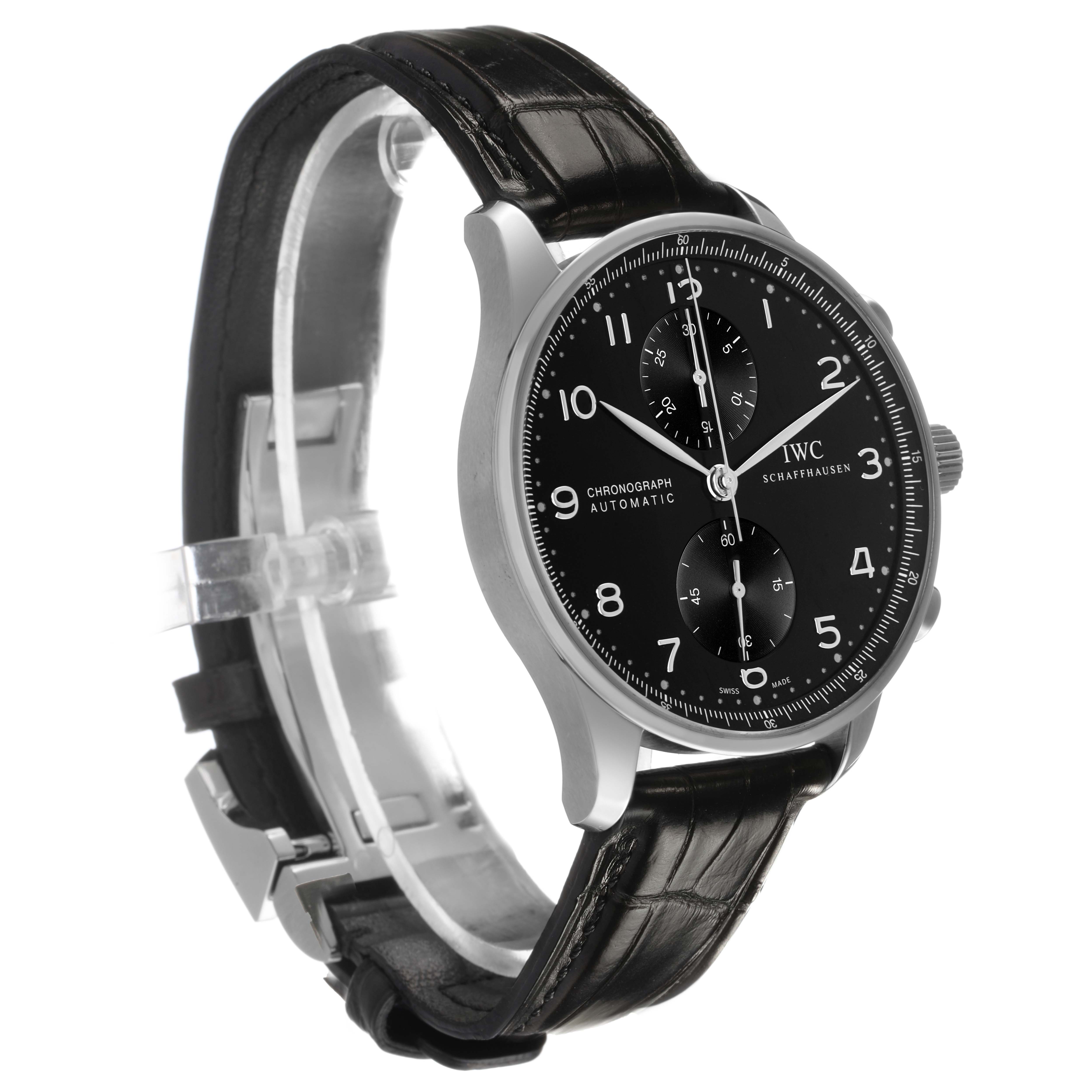 The IWC Portuguese IW371447 Men's Stainless Steel Black Dial watch is shown at a three-quarter angle, displaying the face, dial, strap, and lugs.