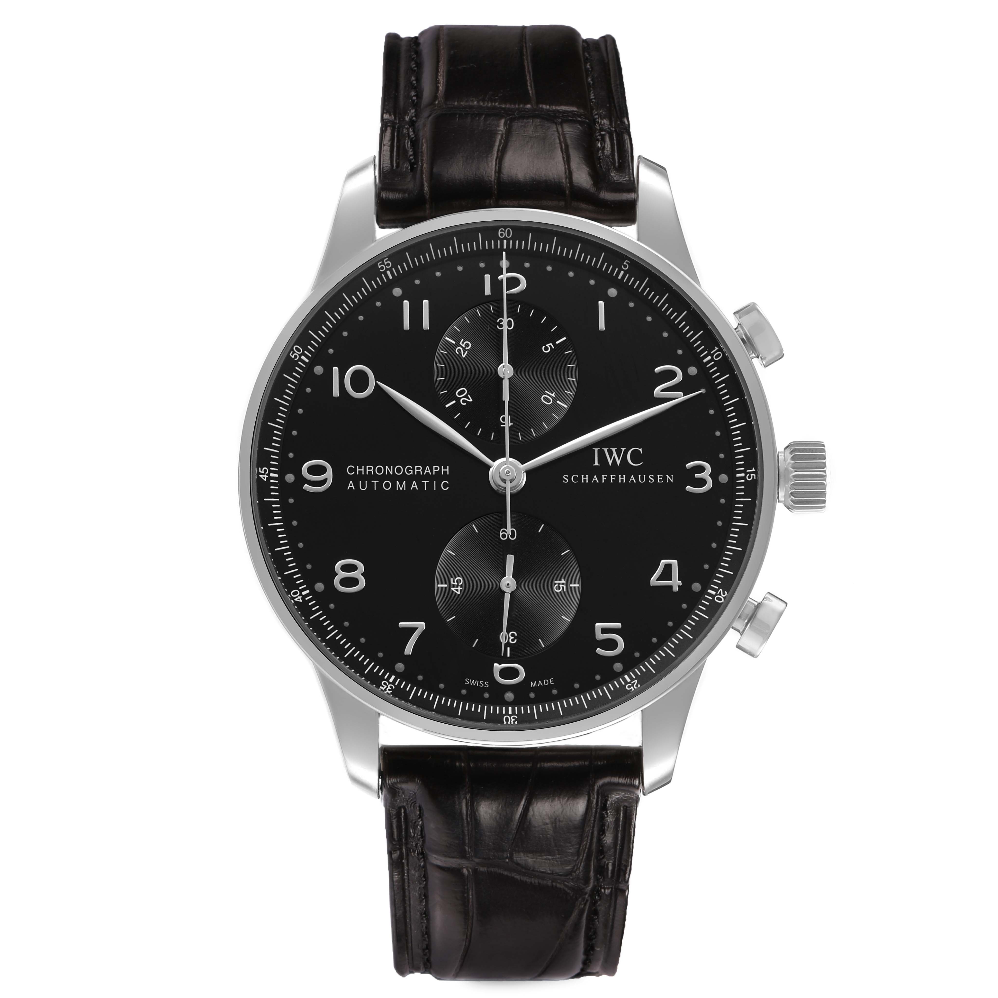 The image shows a front view of the IWC Portuguese IW371447 Men's Stainless Steel Black Dial Chronograph watch, highlighting its black dial, silver hands, and leather strap.
