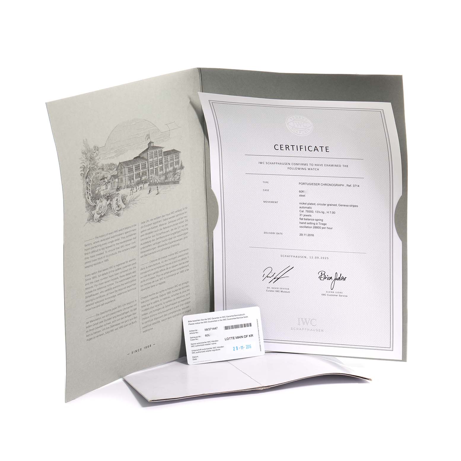 The image shows a certificate and documents for the IWC Portuguese IW371447 Men's Stainless Steel Black Dial model, displaying verification and details.