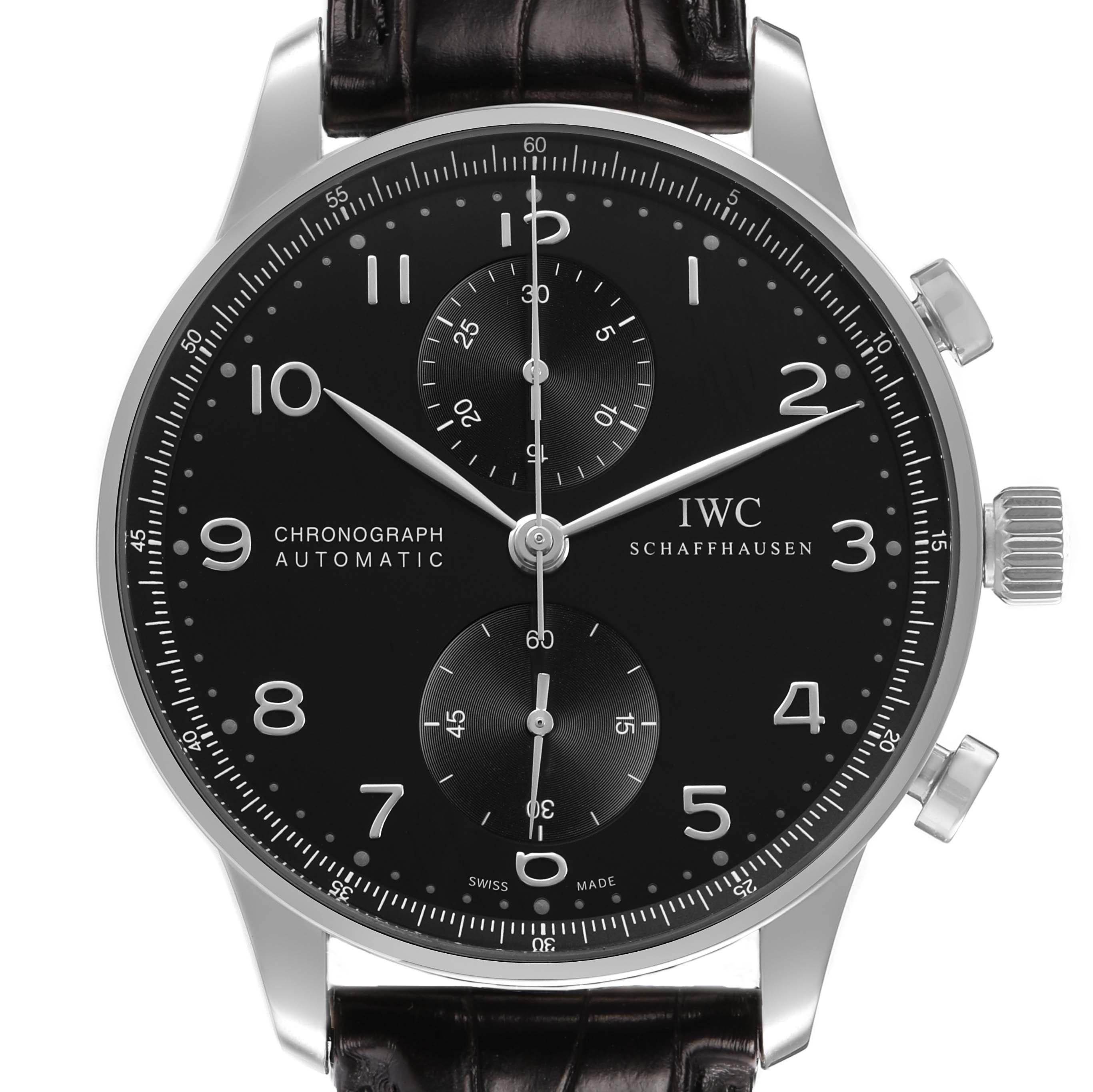 The IWC Portuguese IW371447 Men's Stainless Steel Black Dial watch is shown from a frontal angle, highlighting its black dial, chronograph sub-dials, and crown on the side.
