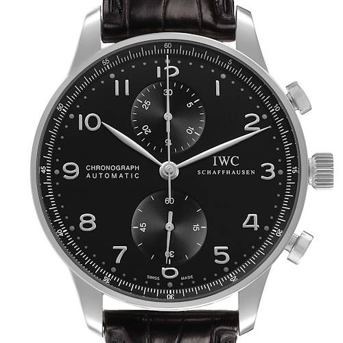 The IWC Portuguese IW371447 Men's Stainless Steel Black Dial model is shown from a straight-on angle, highlighting the dial, subdials, and crown.