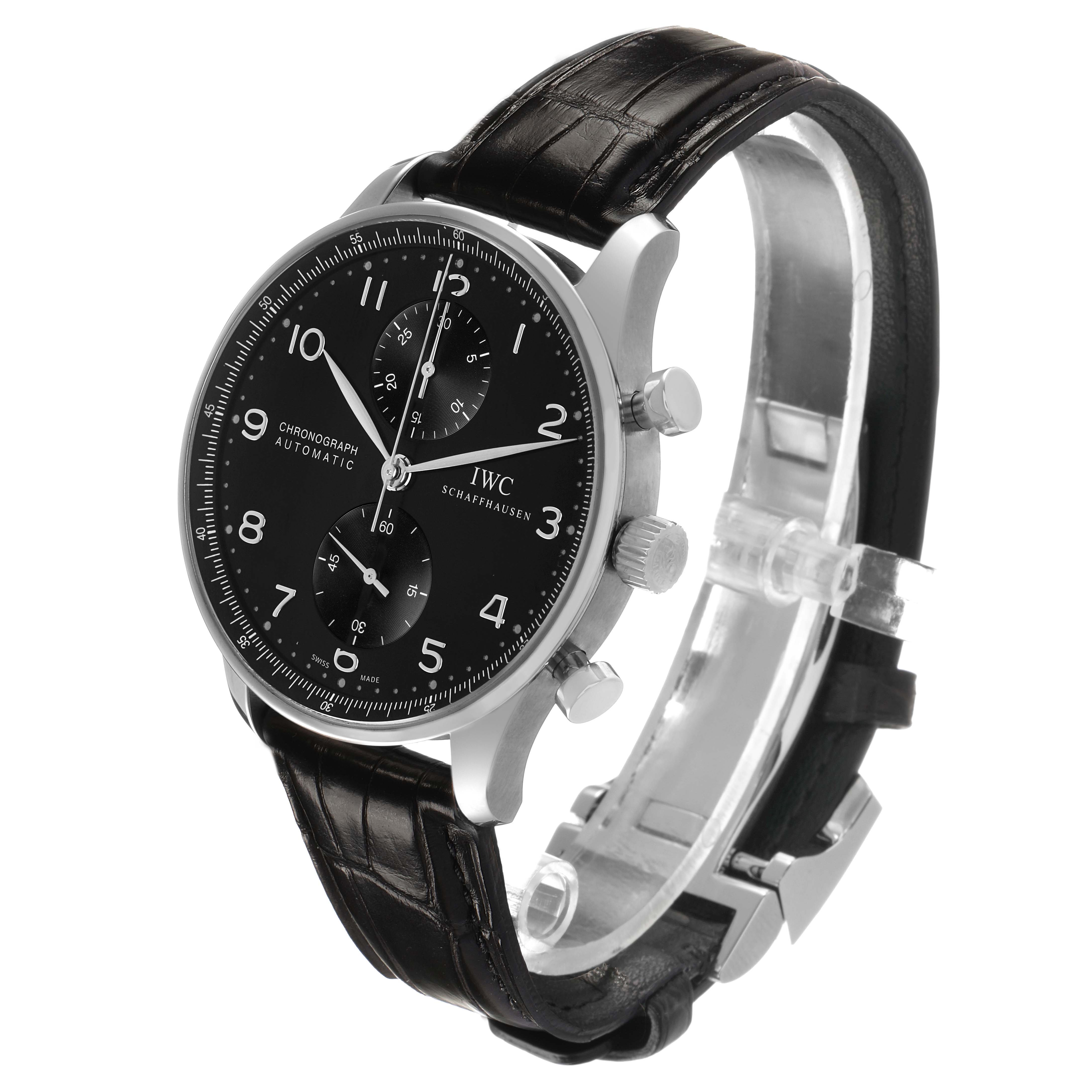 The IWC Portuguese IW371447 Men's Stainless Steel Black Dial model watch is shown at a three-quarter angle, displaying the face, crown, pushers, and leather strap.