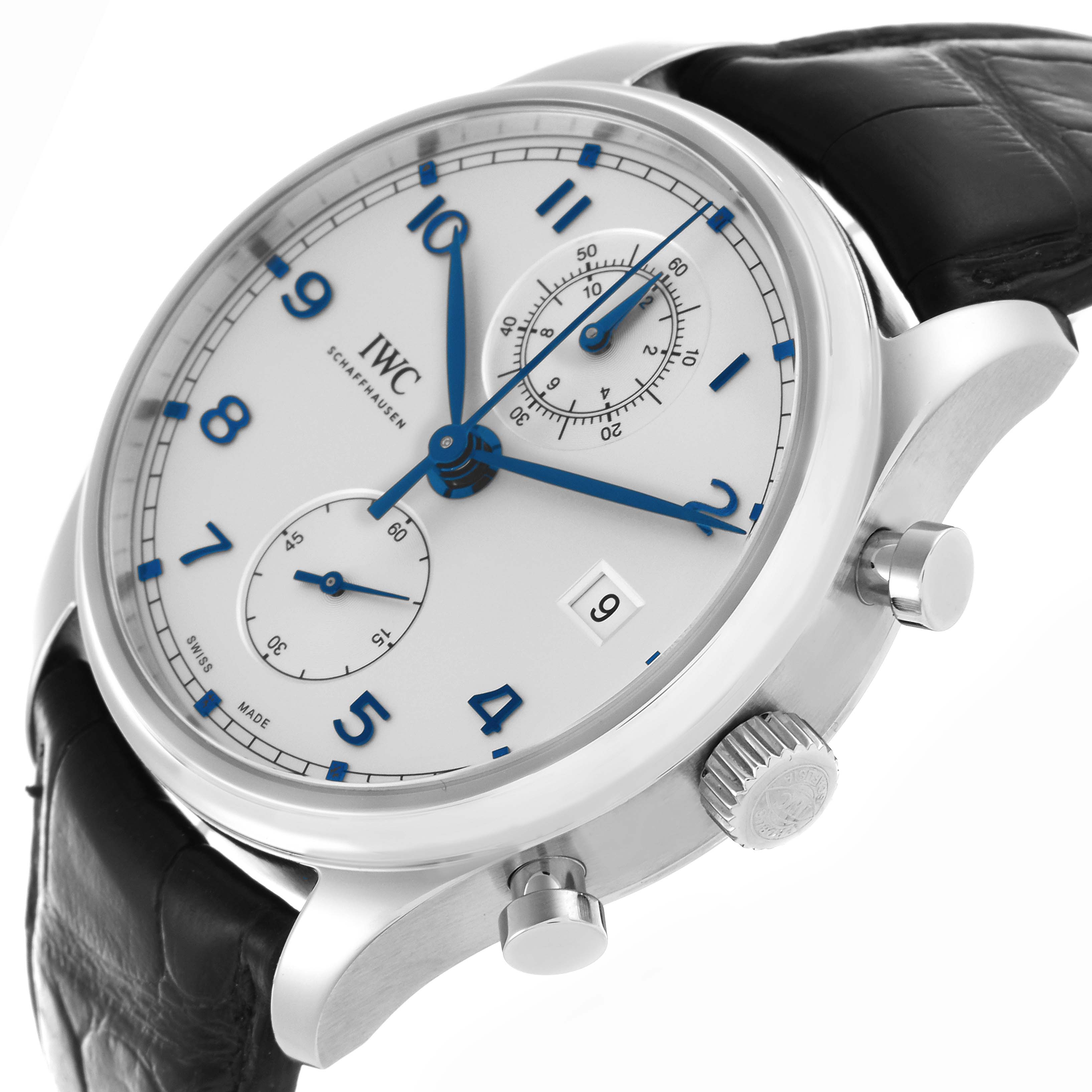 The IWC Portuguese IW390302 Men's Stainless Steel Silver Dial IW390302 Men's Stainless Steel Silver Dial watch is shown at a three-quarter angle, highlighting the dial, crown, pushers, and black leather strap.