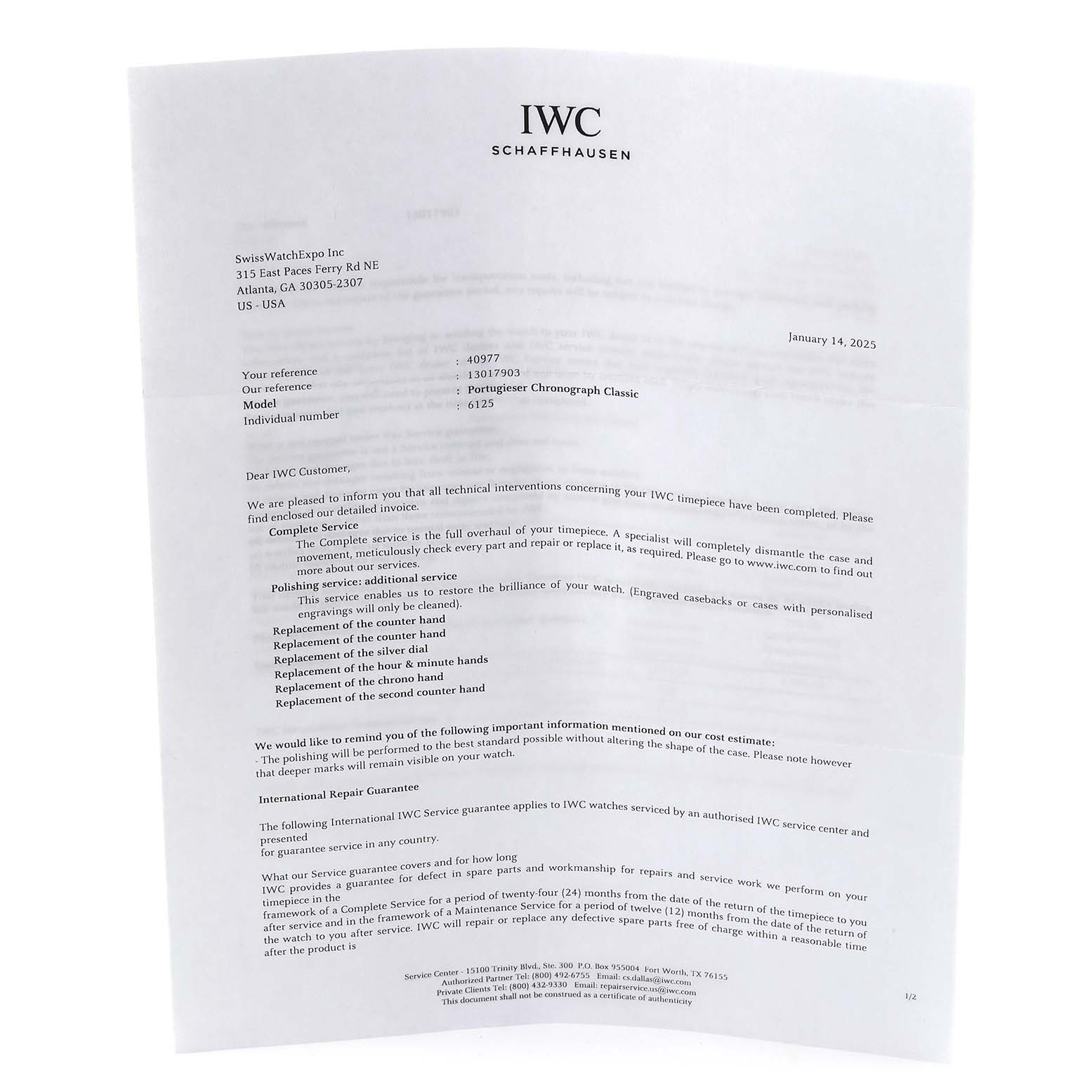 The image shows a letter from IWC about service details for the Portuguese Chronograph Classic model, not the watch itself.