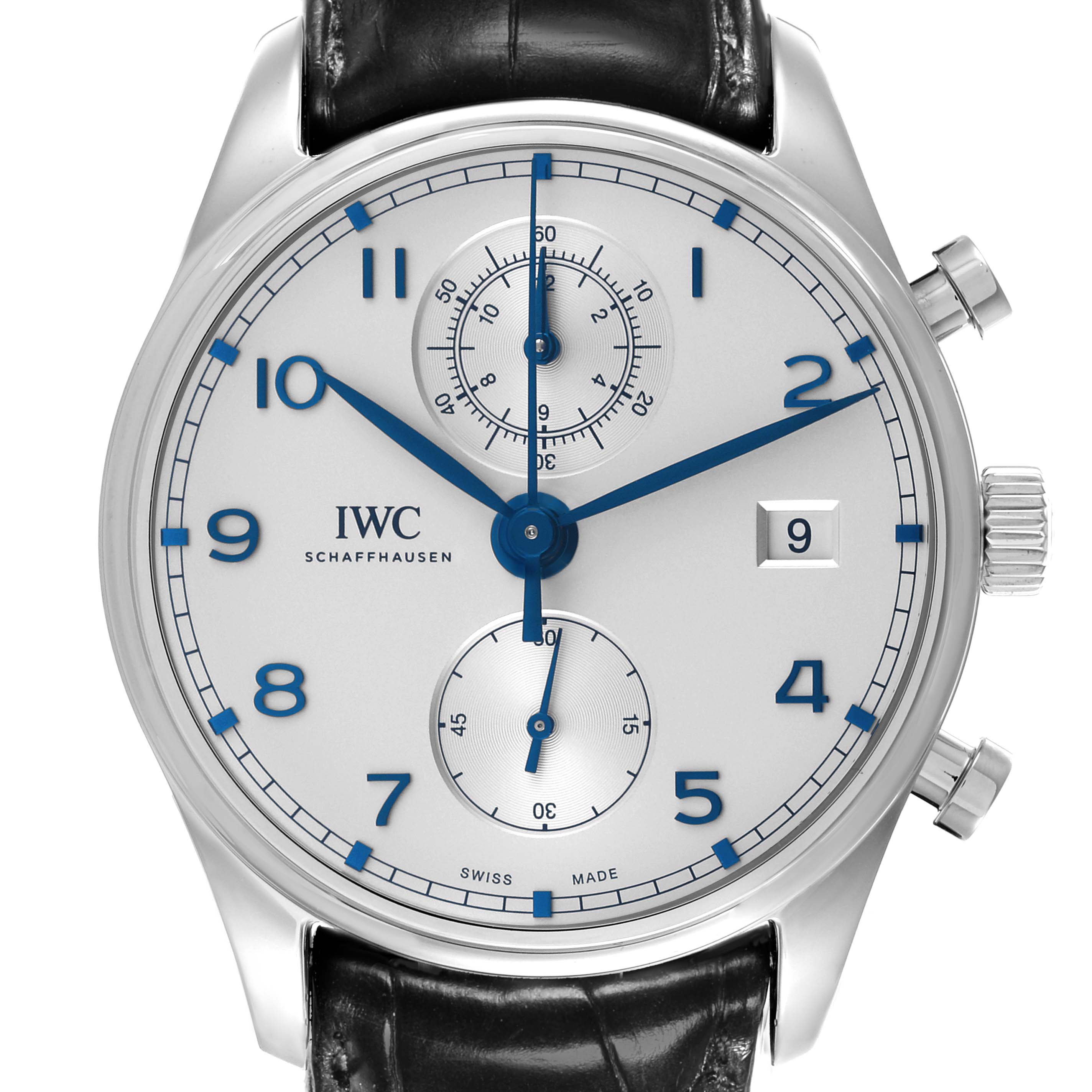 The IWC Portuguese IW390302 Men's Stainless Steel Silver Dial IW390302 Men's Stainless Steel Silver Dial model watch is shown from a front angle, featuring its dial, hands, subdials, and crown.