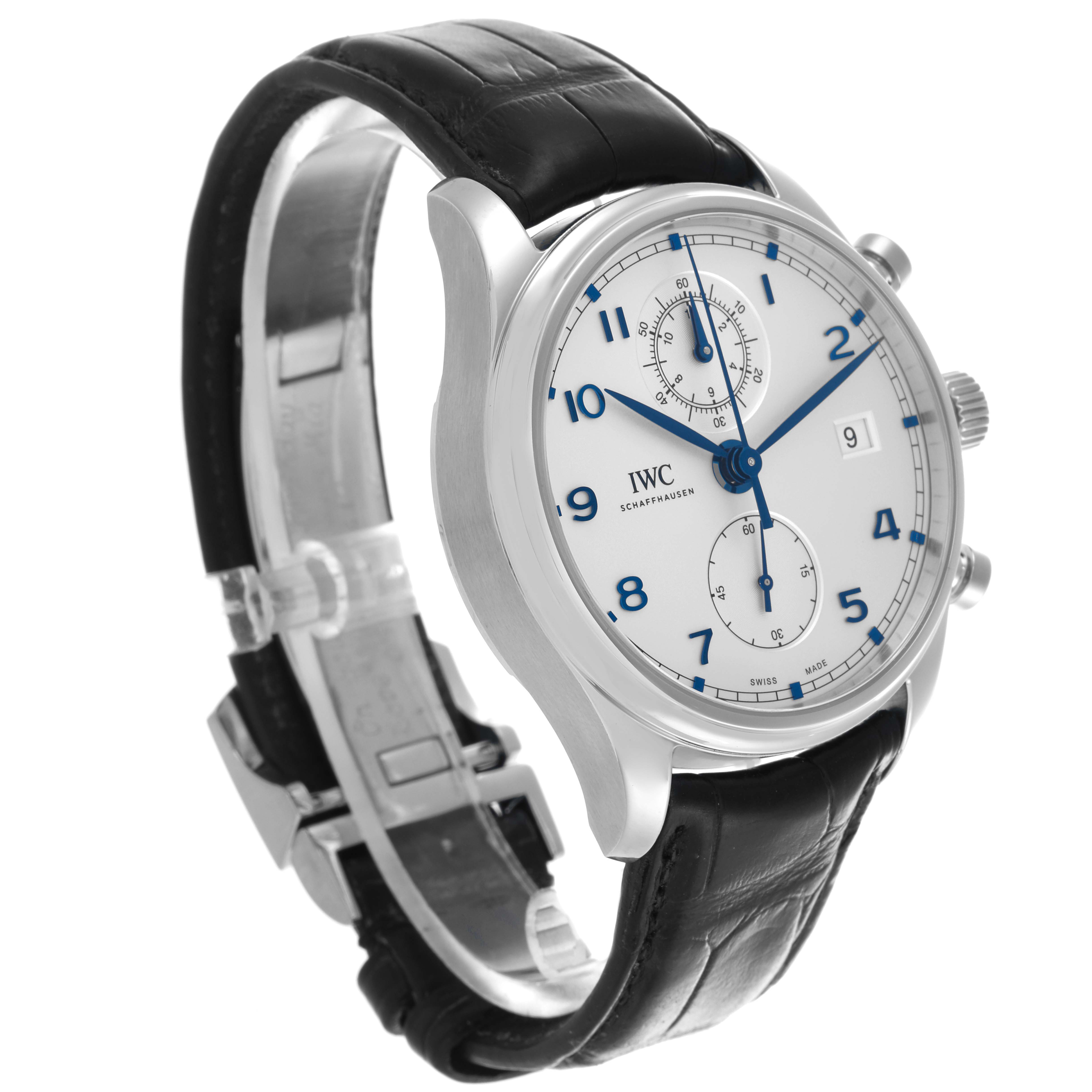 The IWC Portuguese IW390302 Men's Stainless Steel Silver Dial IW390302 Men's Stainless Steel Silver Dial model watch is shown at an angled side view, highlighting the face, dial, crown, and leather strap.