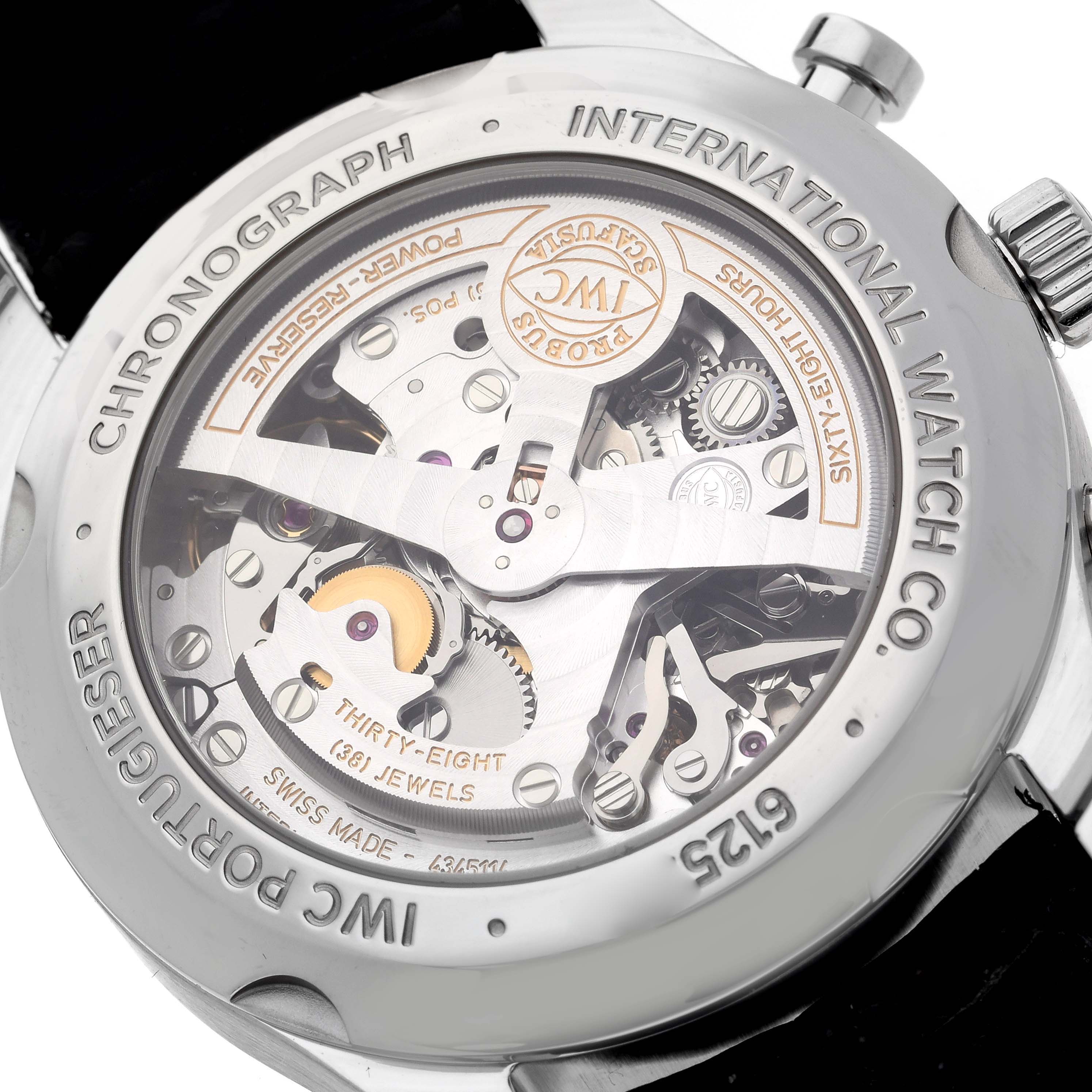 The image shows the back view of the IWC Portuguese IW390302 Men's Stainless Steel Silver Dial IW390302 Men's Stainless Steel Silver Dial watch, revealing its intricate mechanical movement.