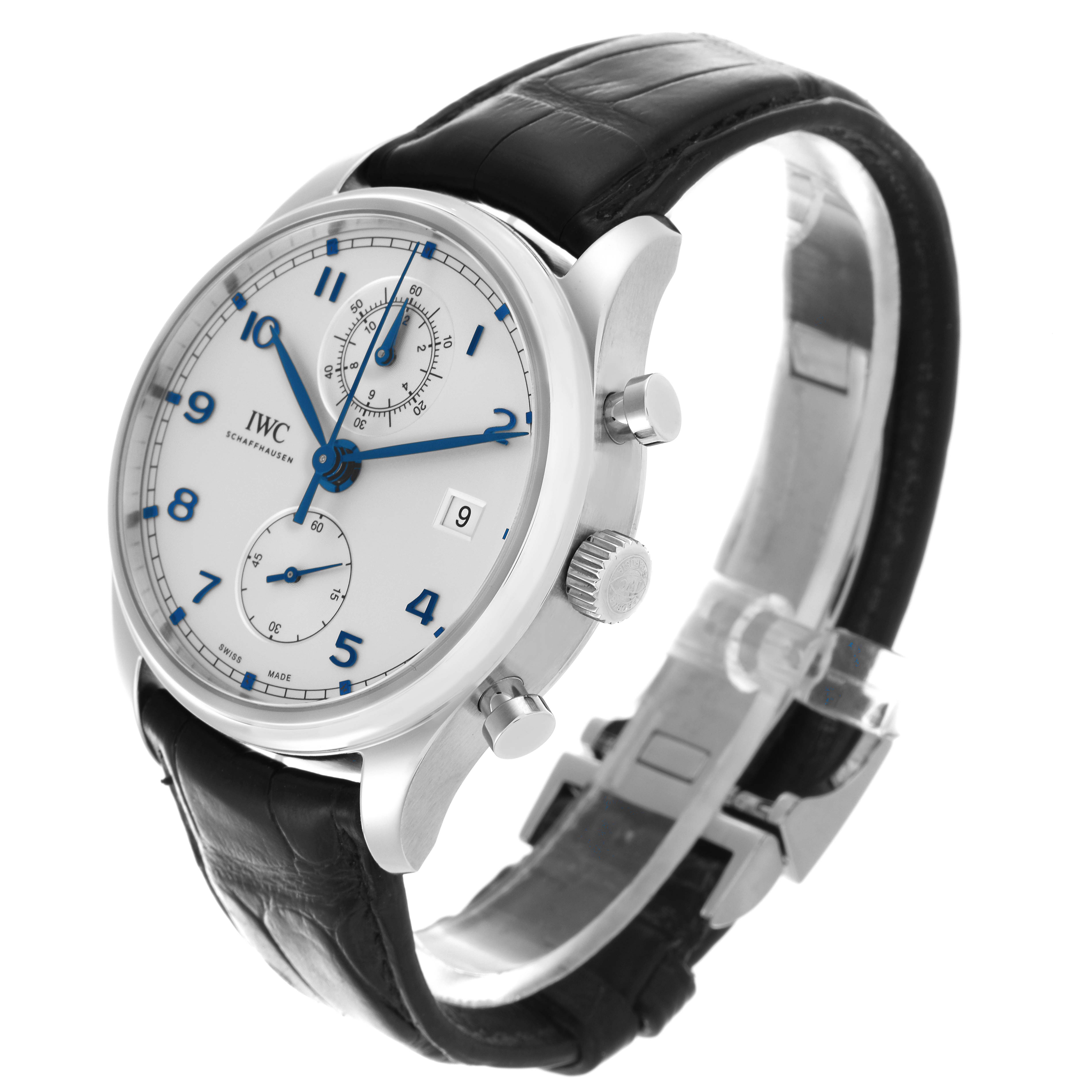 The IWC Portuguese IW390302 Men's Stainless Steel Silver Dial IW390302 Men's Stainless Steel Silver Dial watch is shown at a three-quarter angle, highlighting the face, side buttons, and leather strap.