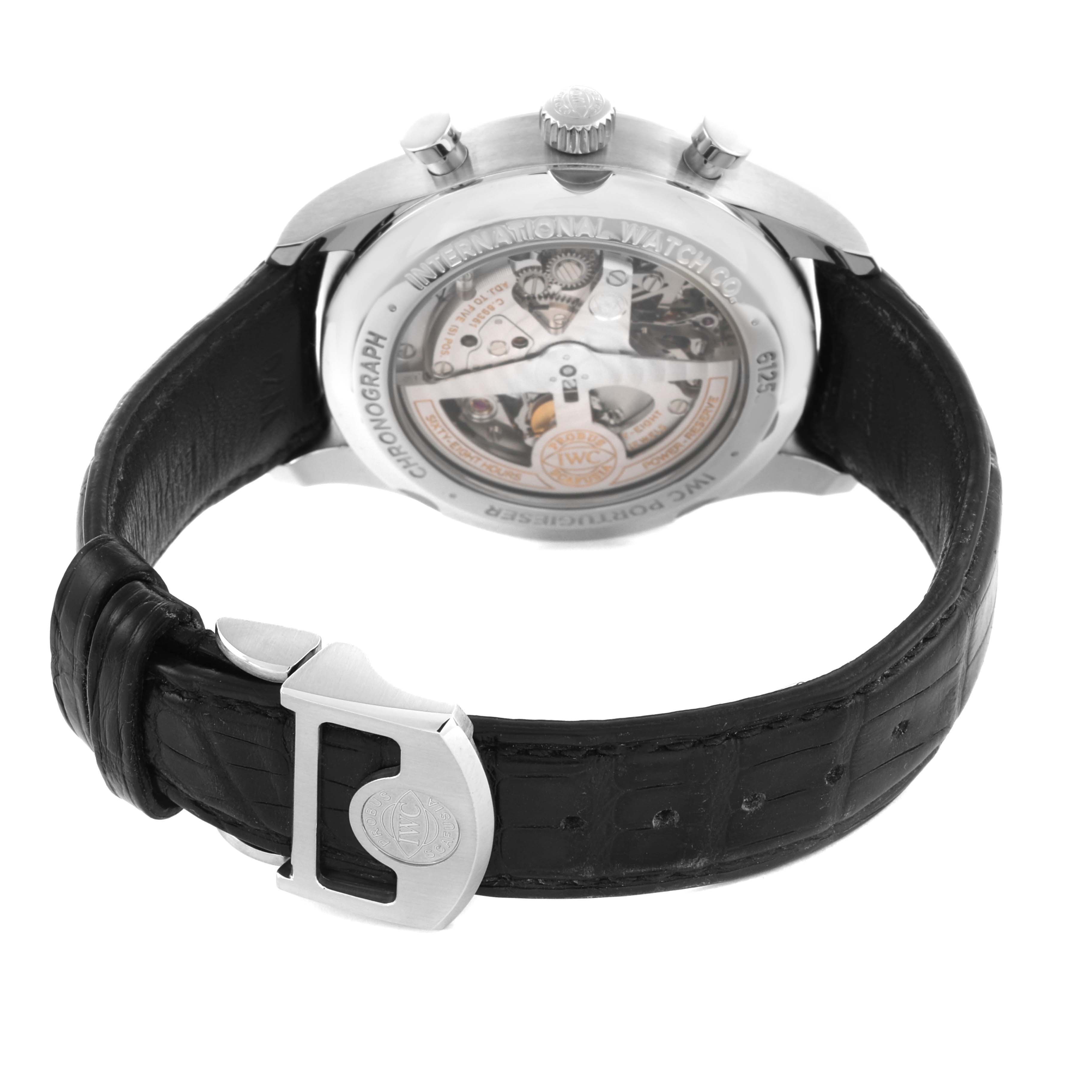 The image shows the back view of an IWC Portuguese IW390302 Men's Stainless Steel Silver Dial IW390302 Men's Stainless Steel Silver Dial watch, highlighting its transparent case back and leather strap.