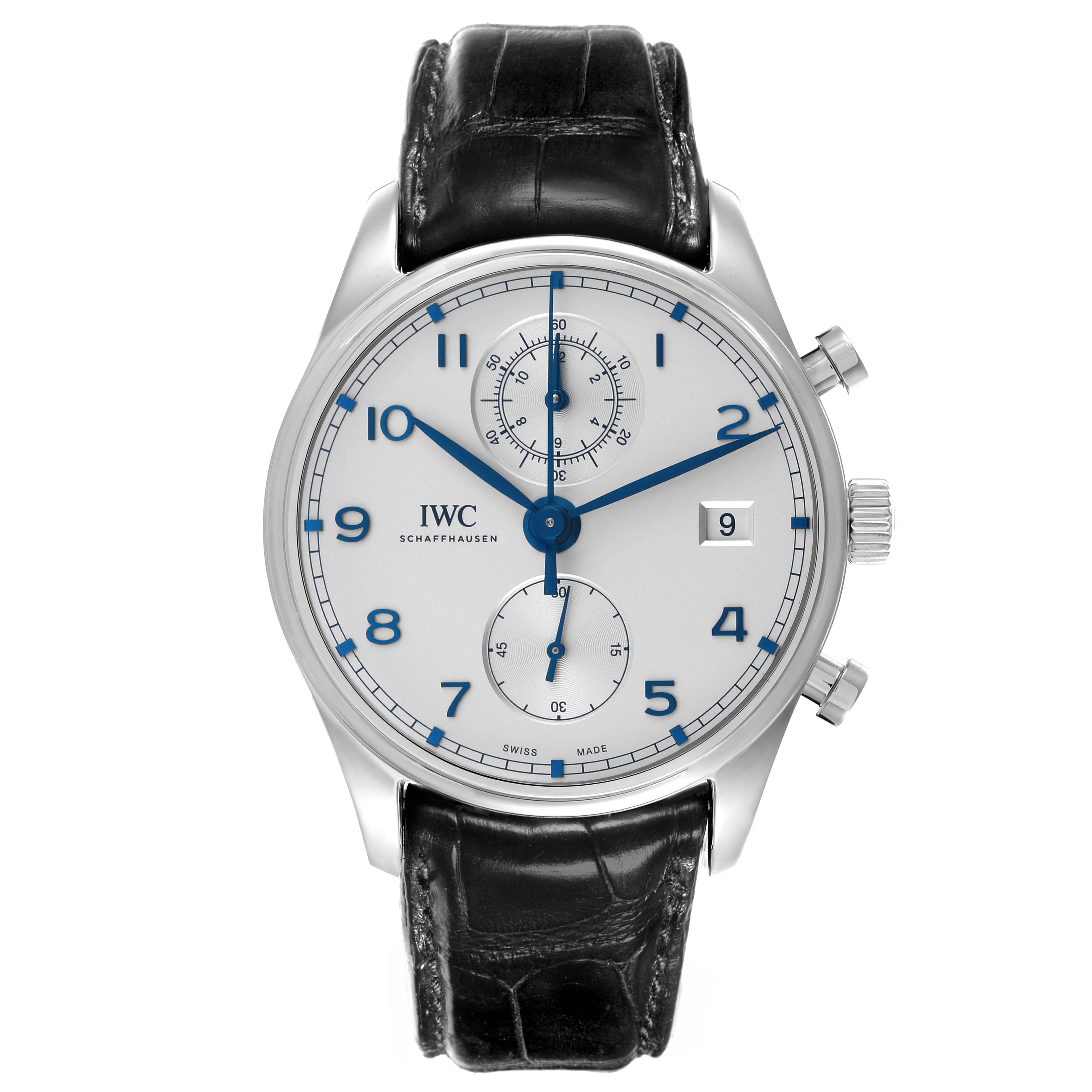 The IWC Portuguese IW390302 Men's Stainless Steel Silver Dial IW390302 Men's Stainless Steel Silver Dial watch is shown from a front view, displaying the dial, hands, subdials, and leather strap.