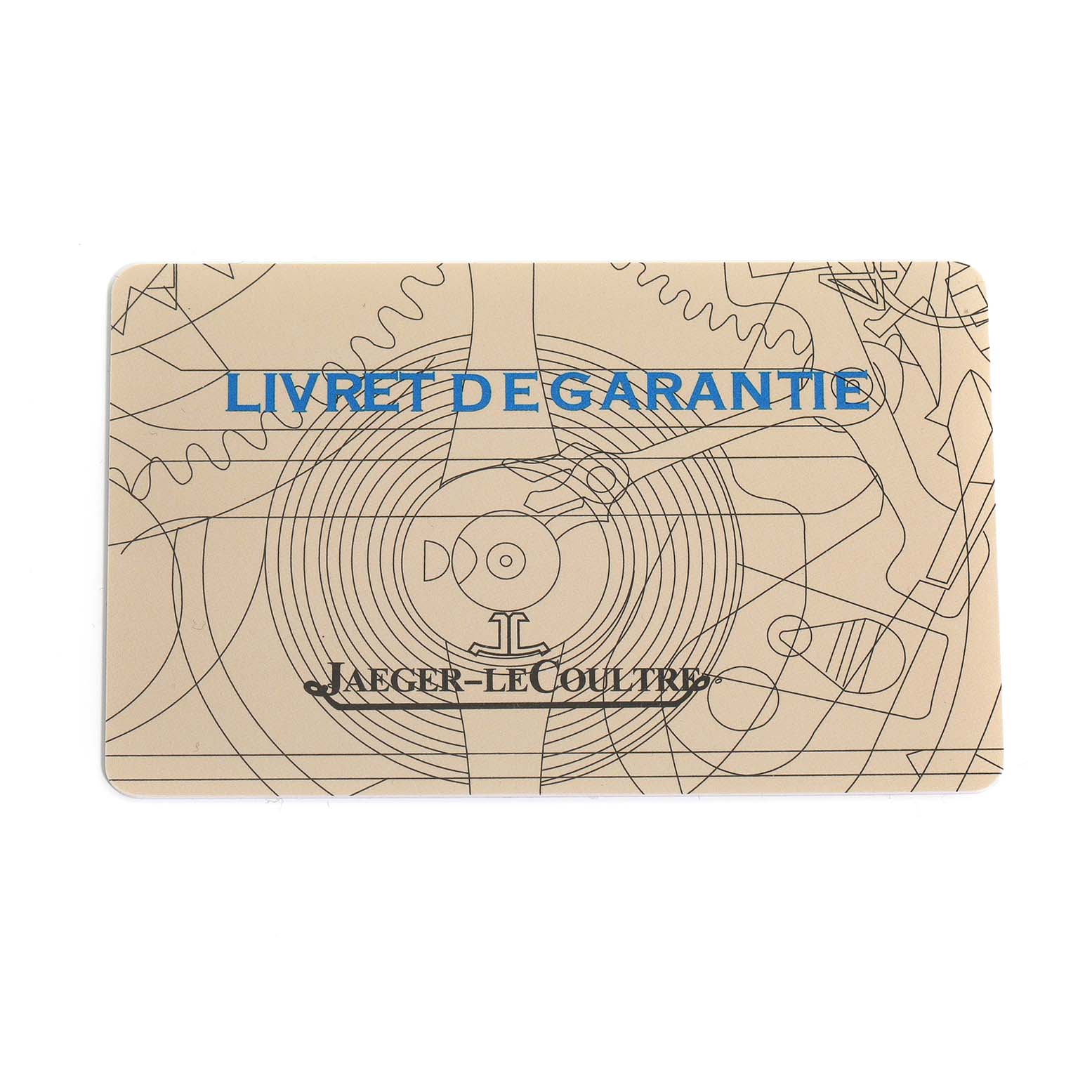 This is a flat view of the Jaeger LeCoultre warranty booklet, featuring technical line drawings and brand text.