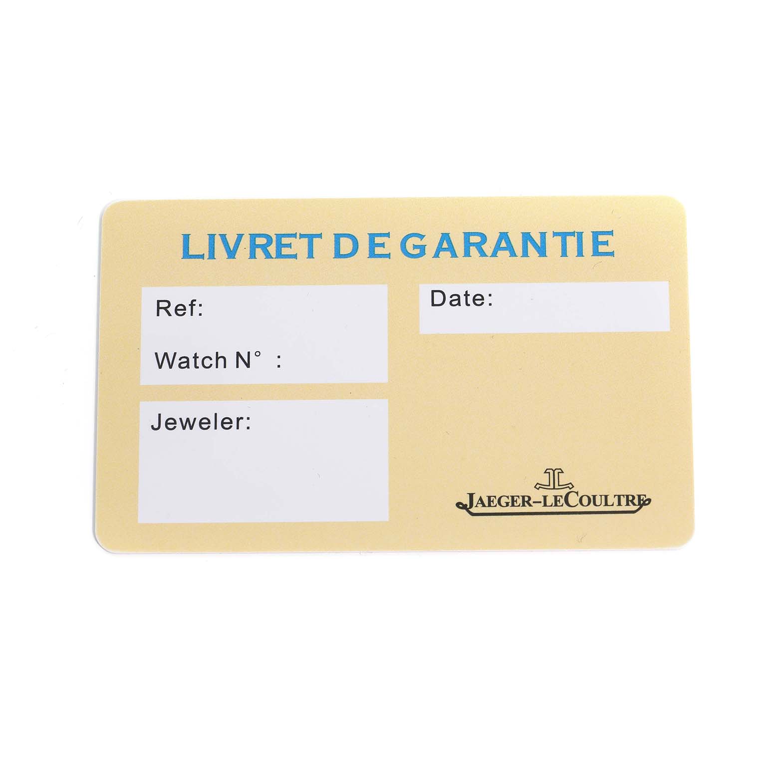 The image shows a Jaeger LeCoultre Master Q1392420 Men's Rose Gold Silver Dial model warranty card with spaces for reference, watch number, date, and jeweler.