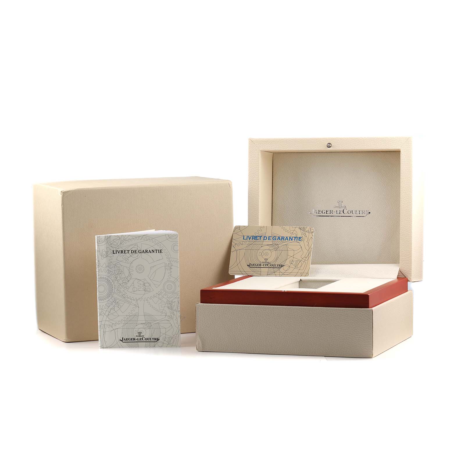 The image shows the packaging, warranty booklet, and certificate for a Jaeger LeCoultre Master Q1392420 Men's Rose Gold Silver Dial watch.