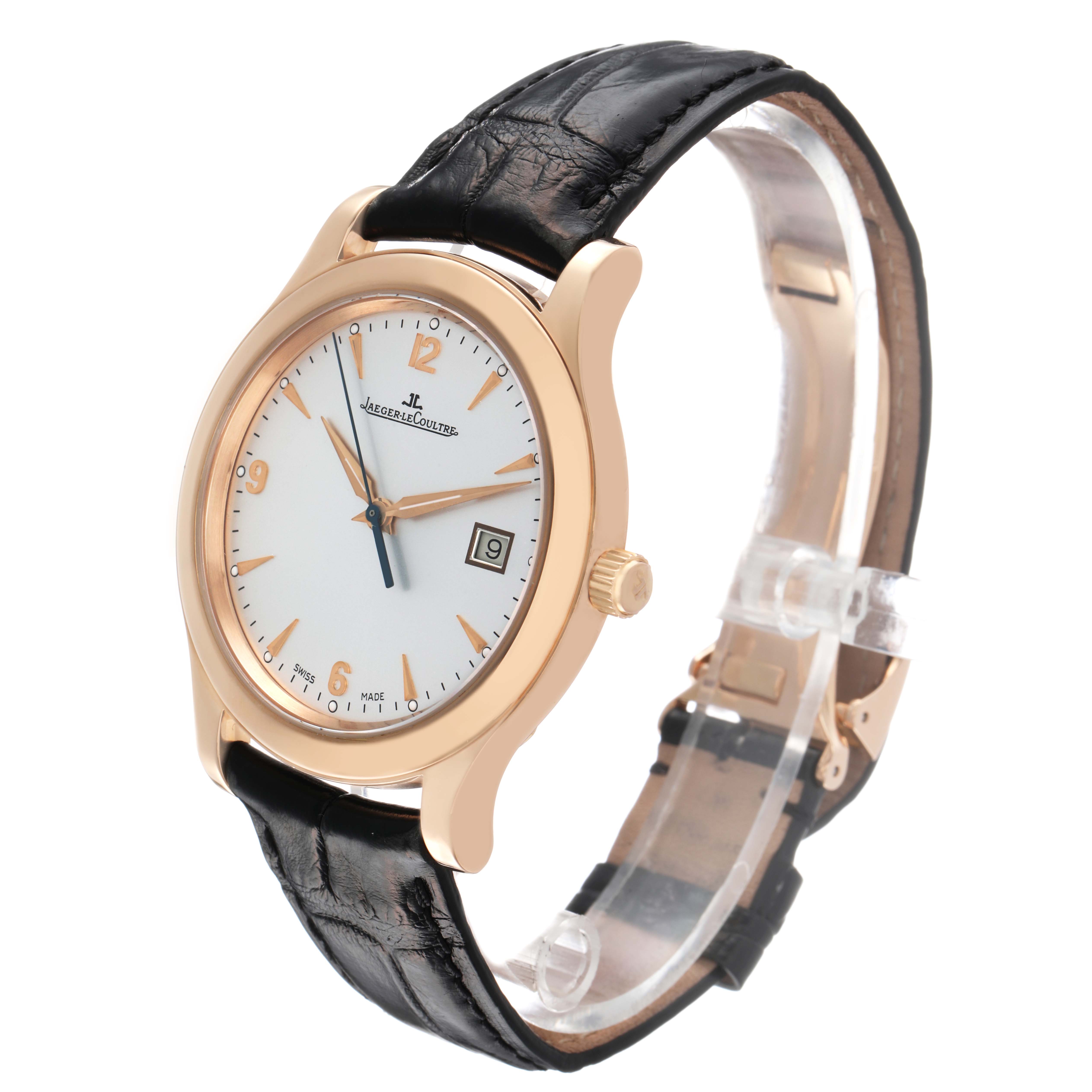 The Jaeger LeCoultre Master Q1392420 Men's Rose Gold Silver Dial watch is shown at a three-quarter angle, highlighting the face, case, crown, and leather strap.