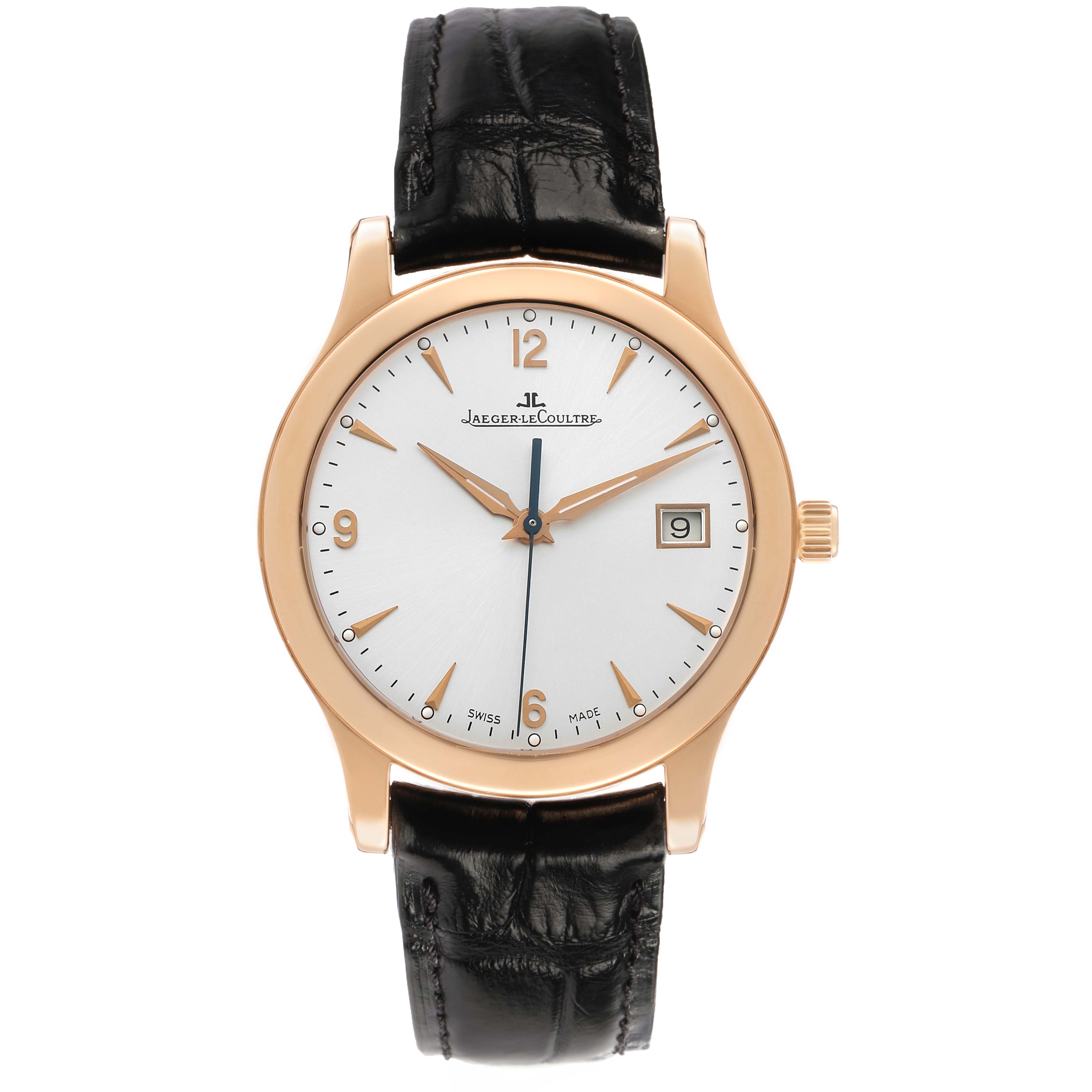 The Jaeger-LeCoultre Master watch is shown from the front, displaying the dial, hands, date window, and black strap.
