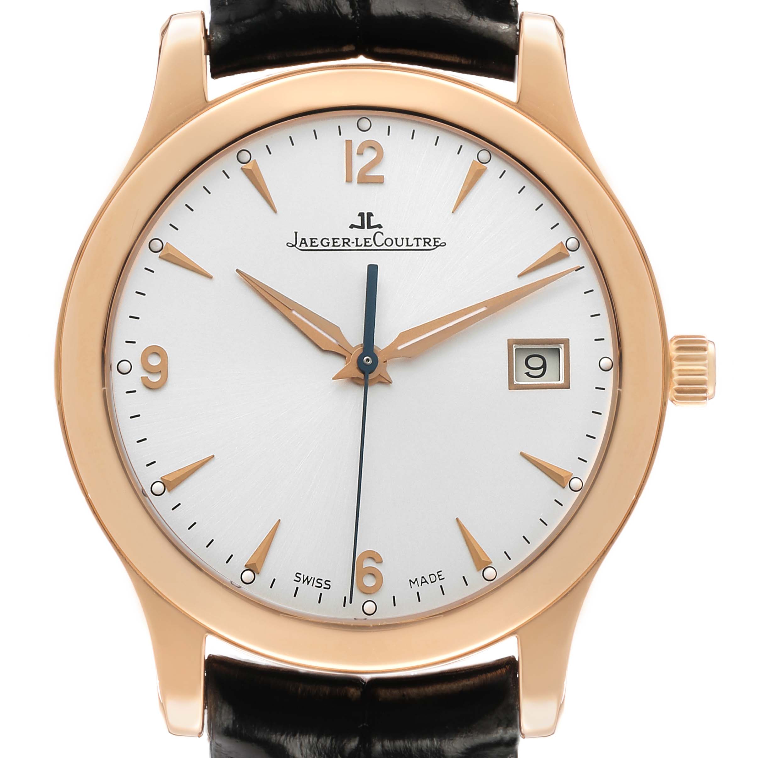 The Jaeger LeCoultre Master Q1392420 Men's Rose Gold Silver Dial watch is shown from a frontal angle, displaying the dial, hands, and date window.