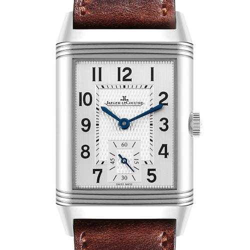 The Jaeger-LeCoultre Reverso watch is shown head-on, displaying the face, dial, crown, and part of the strap.