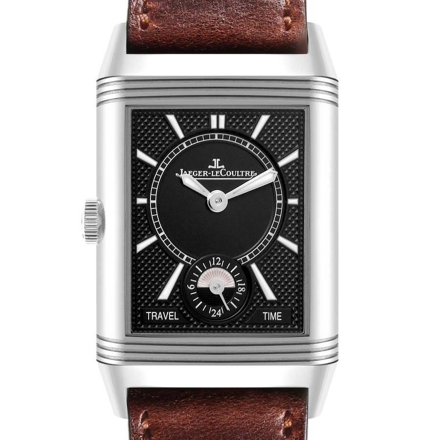 The image shows a front view of the Jaeger LeCoultre Reverso watch, highlighting its dial and crown.