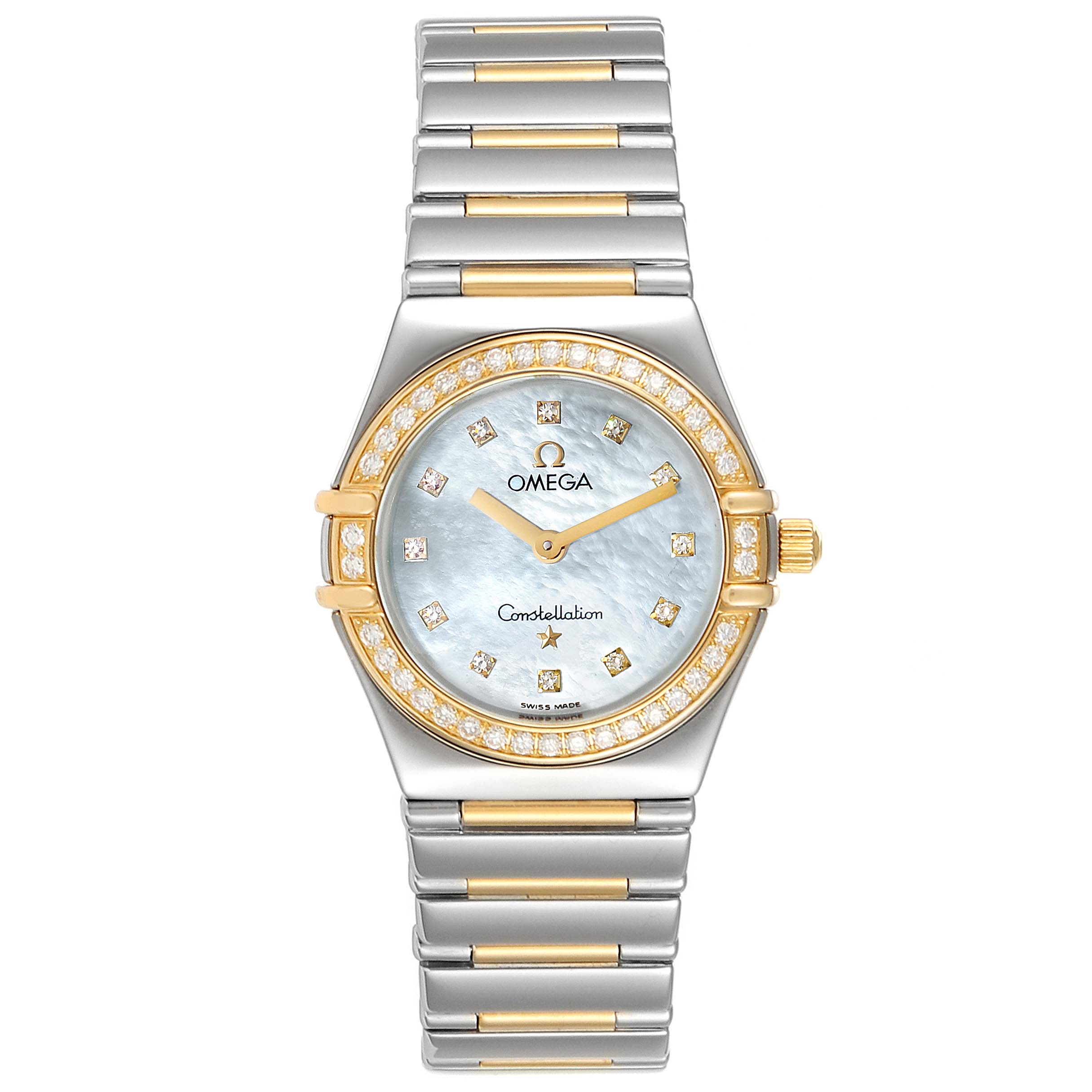 The image shows a front view of the Omega 1376.71.00 Women's Steel and Gold (two tone) Mother of Pearl Dial 1376.71.00 Women's Steel and Gold (two tone) Mother of Pearl Dial Constellation My Choice Steel Yellow Gold Diamond Watch 1376.71.00, displaying its face and bracelet.