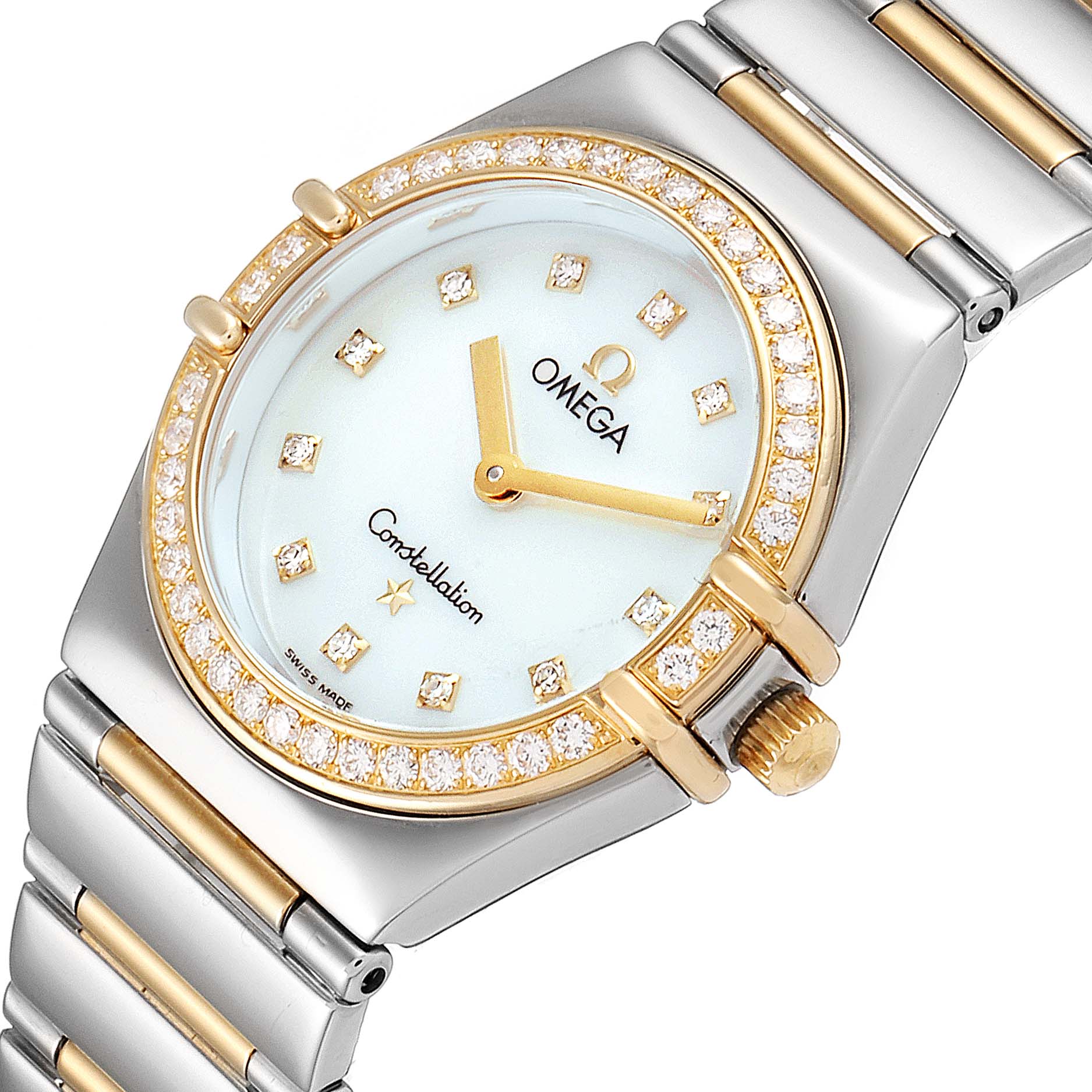 The image shows a top view of the Omega 1376.71.00 Women's Steel and Gold (two tone) Mother of Pearl Dial 1376.71.00 Women's Steel and Gold (two tone) Mother of Pearl Dial Constellation My Choice Steel Yellow Gold Diamond Watch 1376.71.00, highlighting its face, bezel, and part of the bracelet.