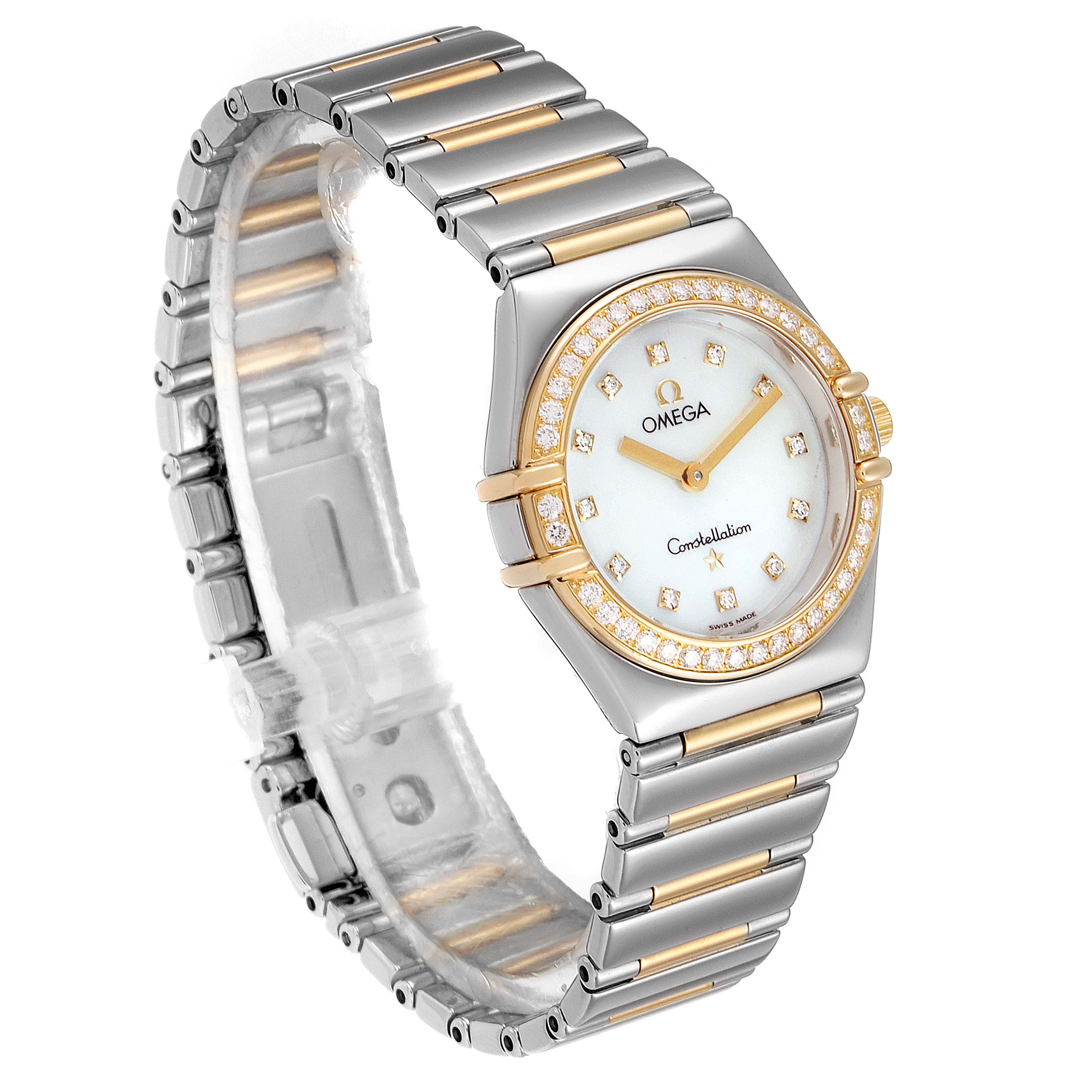 The image shows the Omega 1376.71.00 Women's Steel and Gold (two tone) Mother of Pearl Dial 1376.71.00 Women's Steel and Gold (two tone) Mother of Pearl Dial Constellation My Choice Steel Yellow Gold Diamond Watch 1376.71.00 at a three-quarter angle, highlighting its face and bracelet.